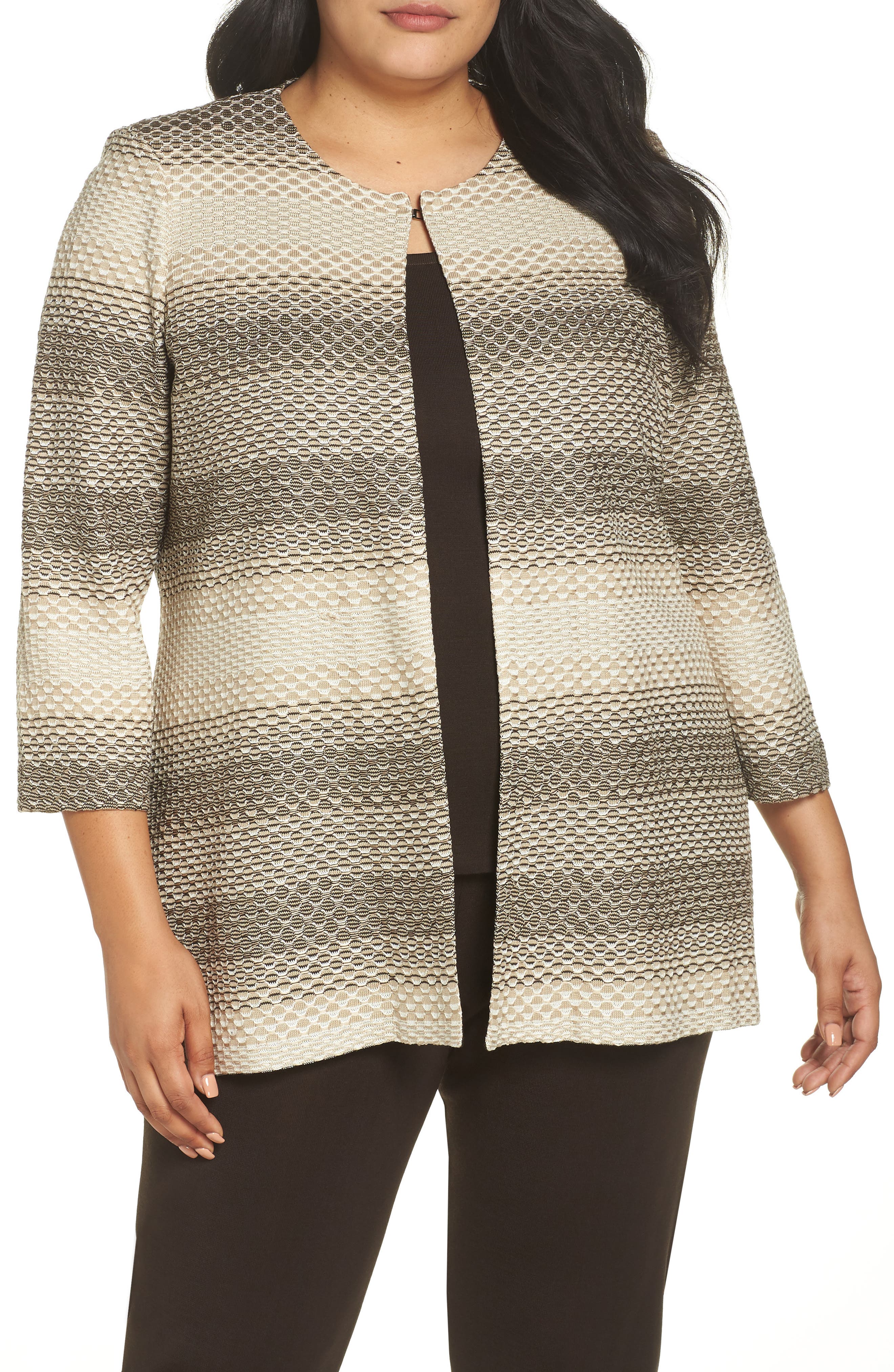 Plus Size Ming Wang Long Jacquard Knit Jacket, Brown