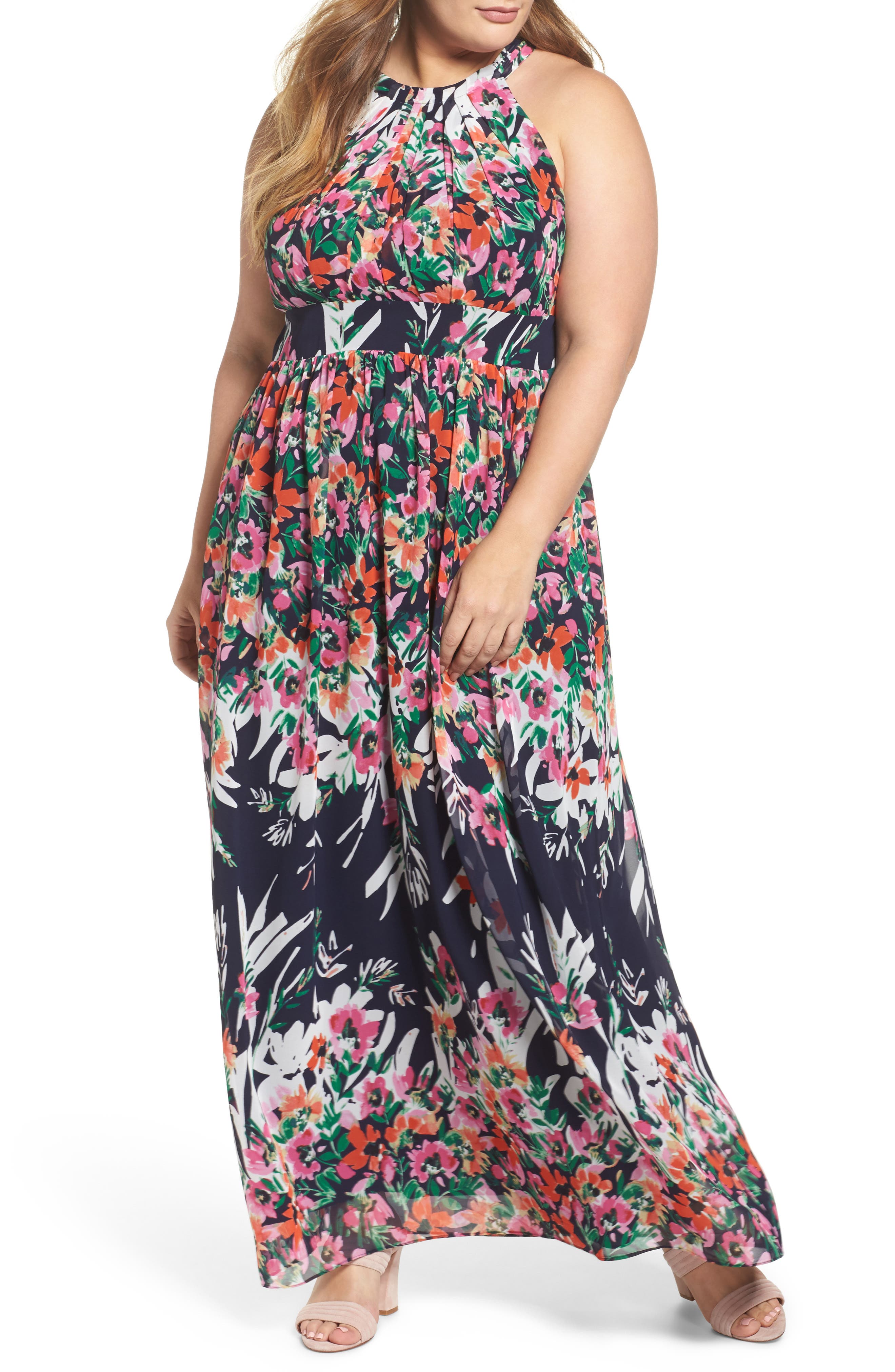 Plus Size Eliza J Floral Halter Chiffon Maxi Dress, Blue