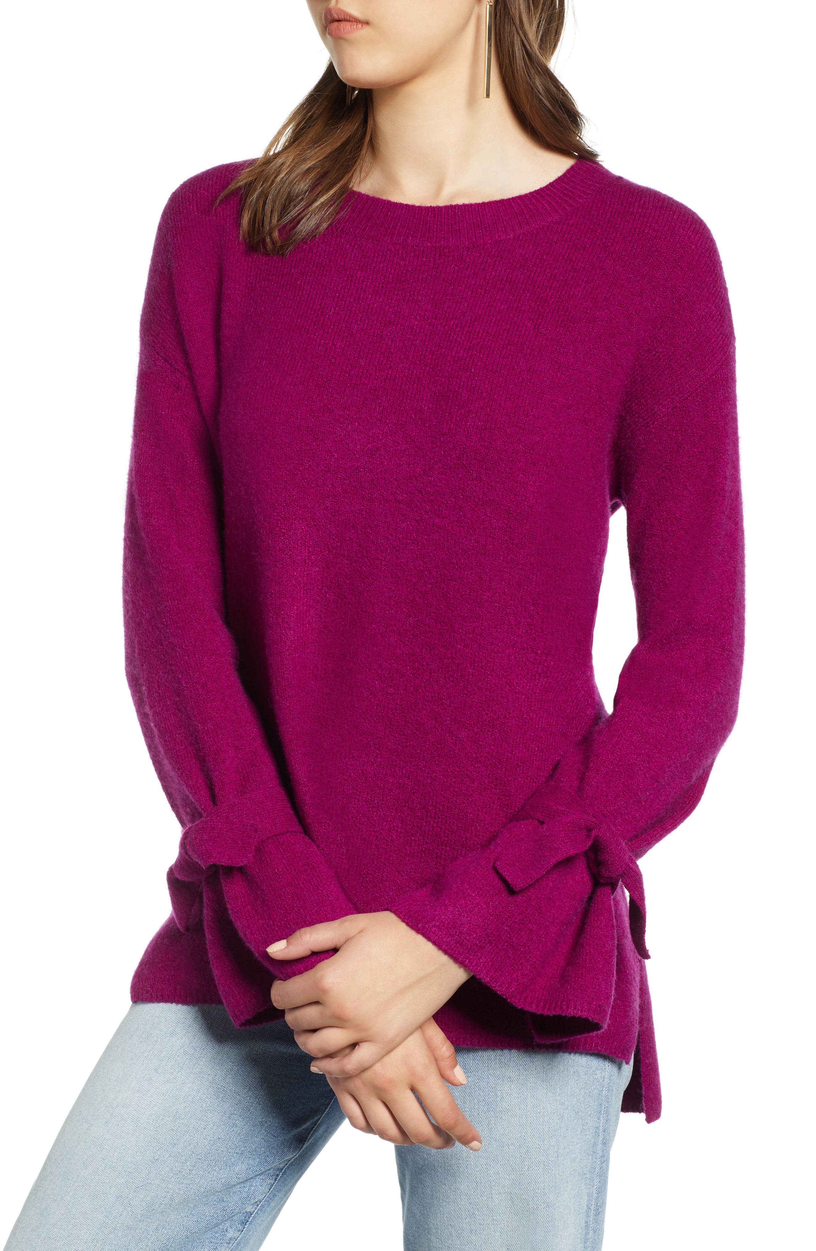 Halogen Tie Sleeve Wool Blend Sweater, Pink