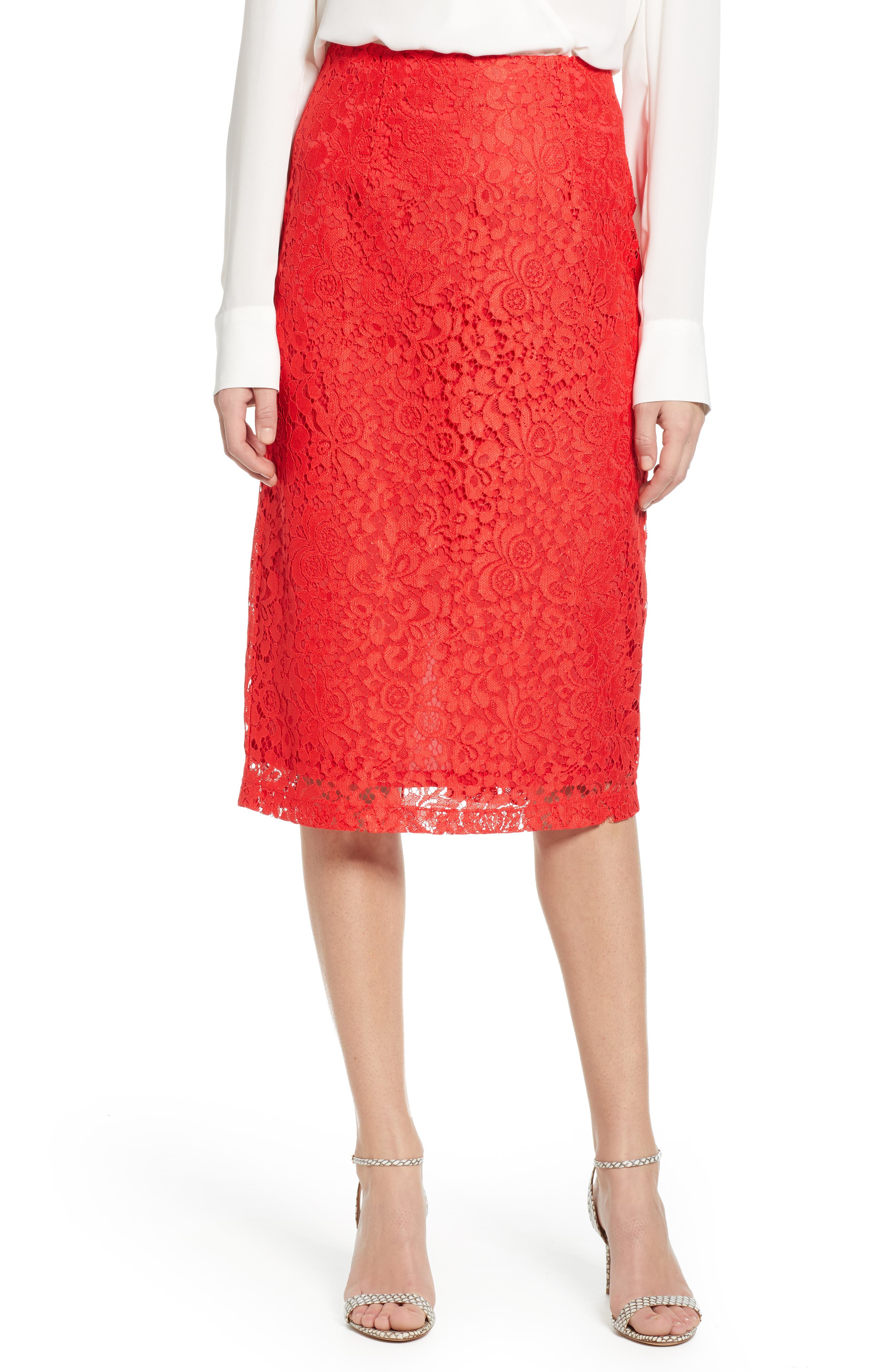 Petite Halogen Lace Pencil Skirt, Red