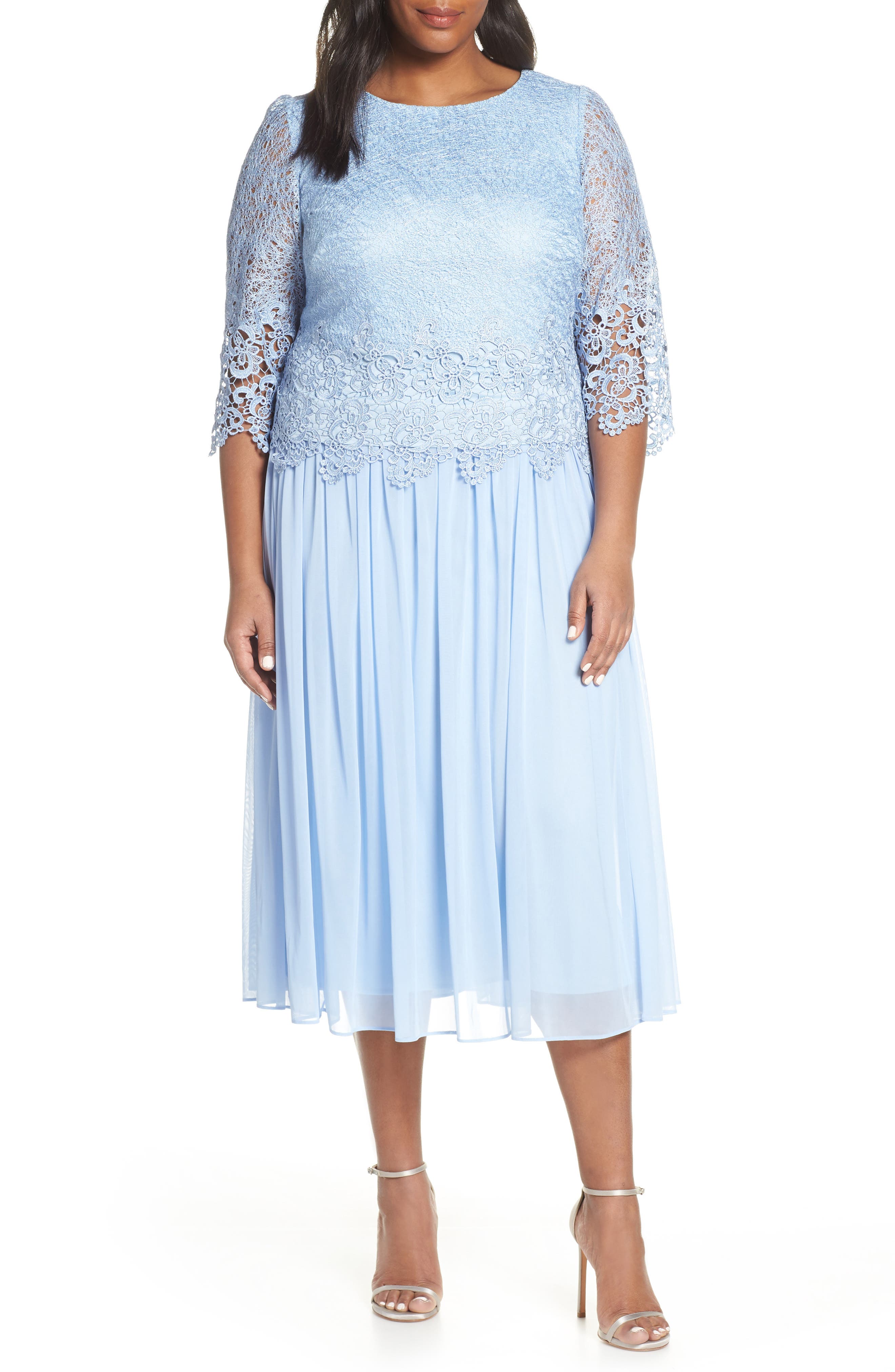 Plus Size Alex Evenings Lace & Chiffon Tea Length Dress, Blue