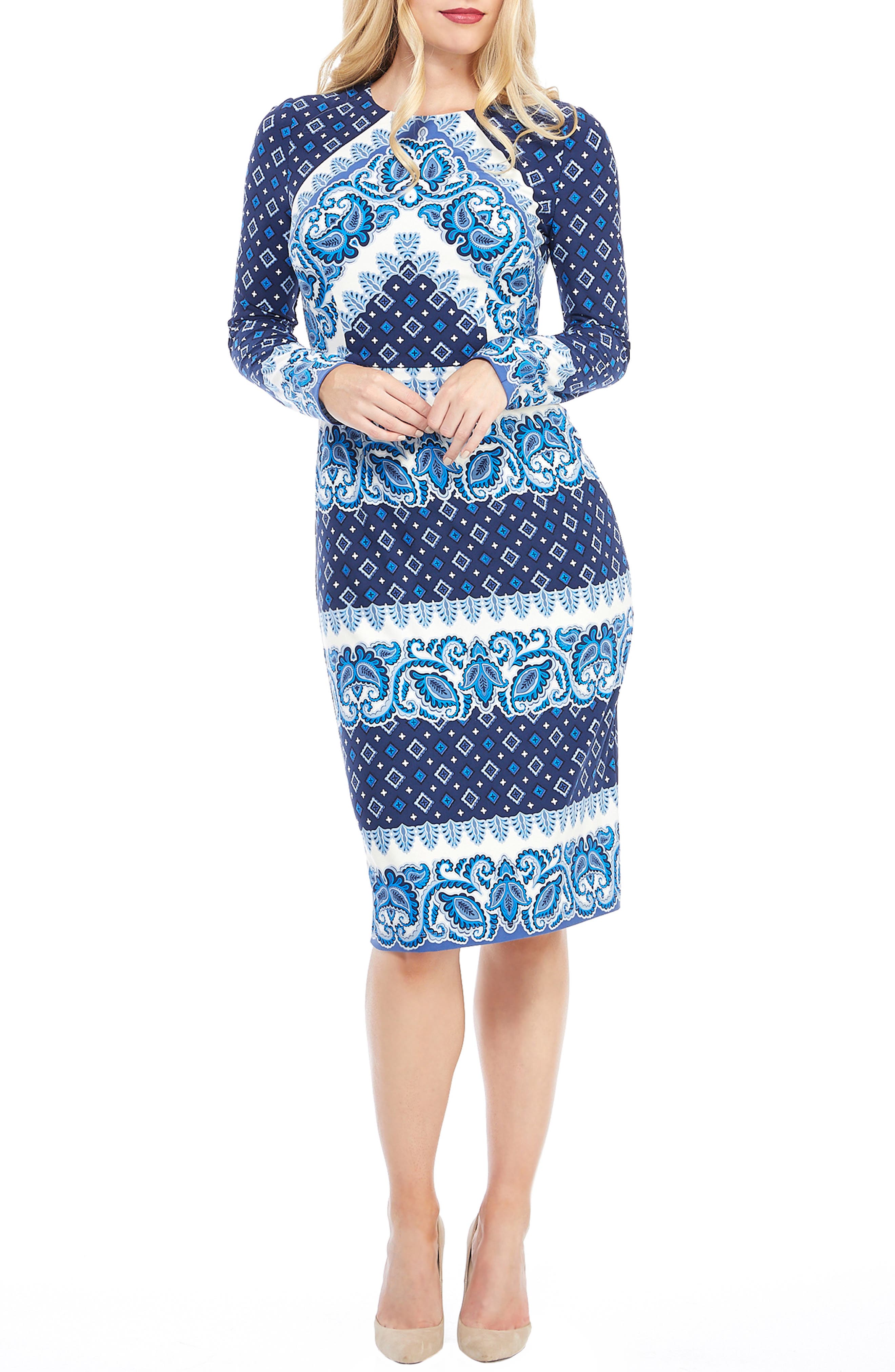 Petite Maggy London Placement Print Sheath Dress, Blue