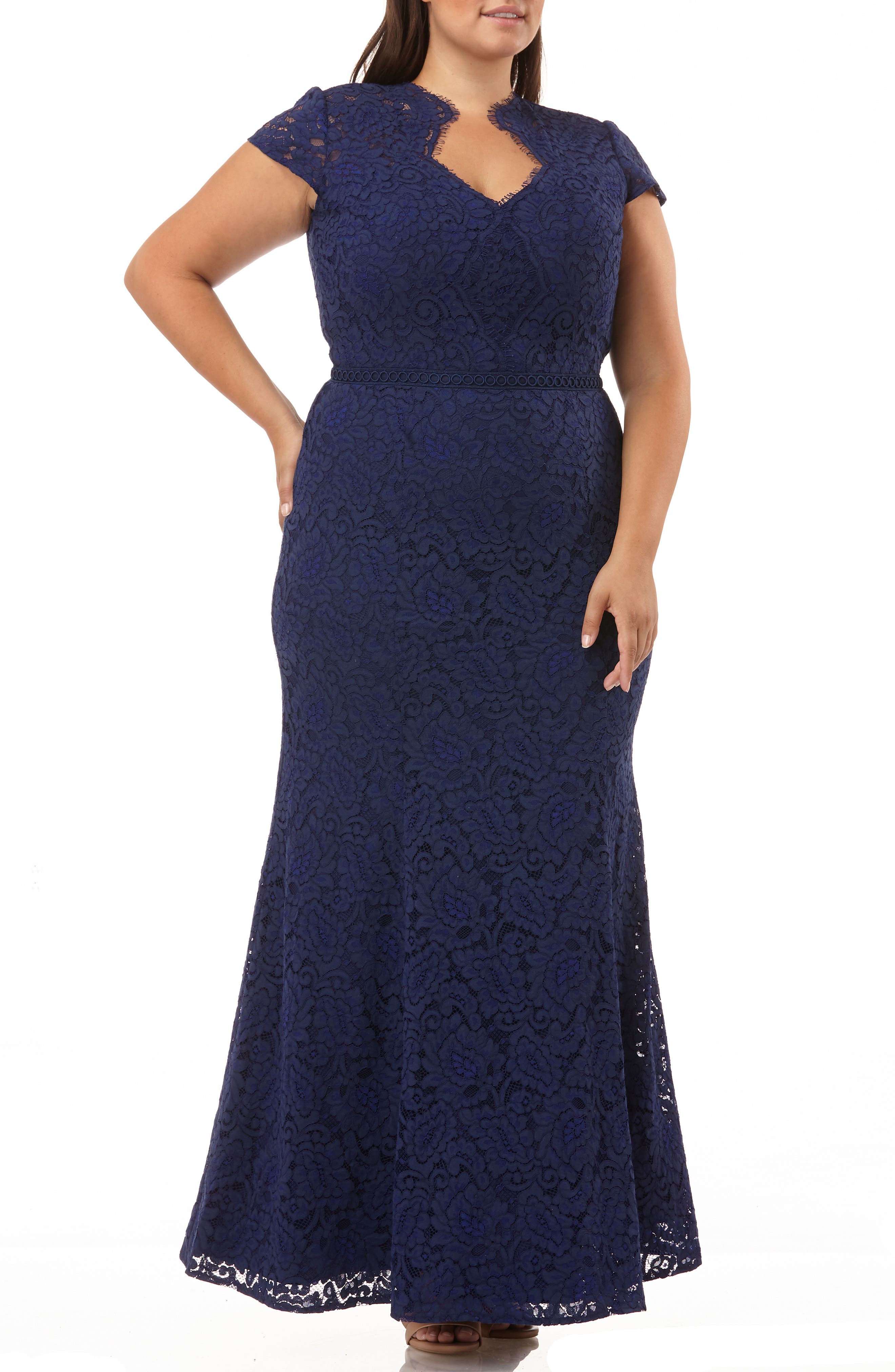 Plus Size Js Collections Panel Scalloped Lace Gown, Blue