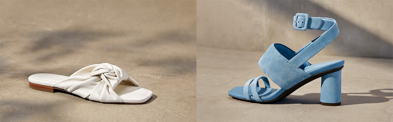 White puffy-strap flat slide sandals and blue ankle-strap high-heel sandals.