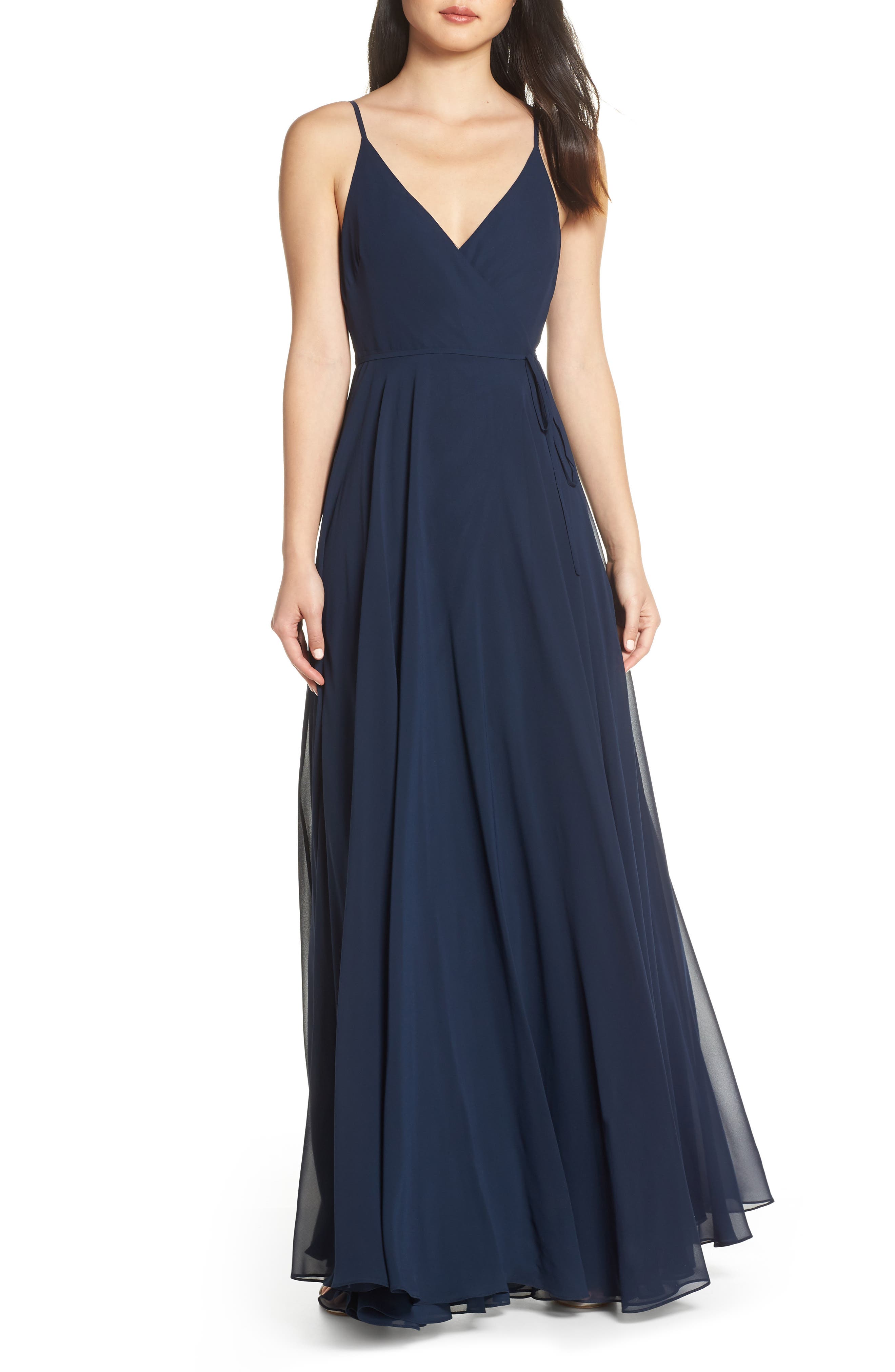 Jenny Yoo James Sleeveless Wrap Chiffon Evening Dress, Blue