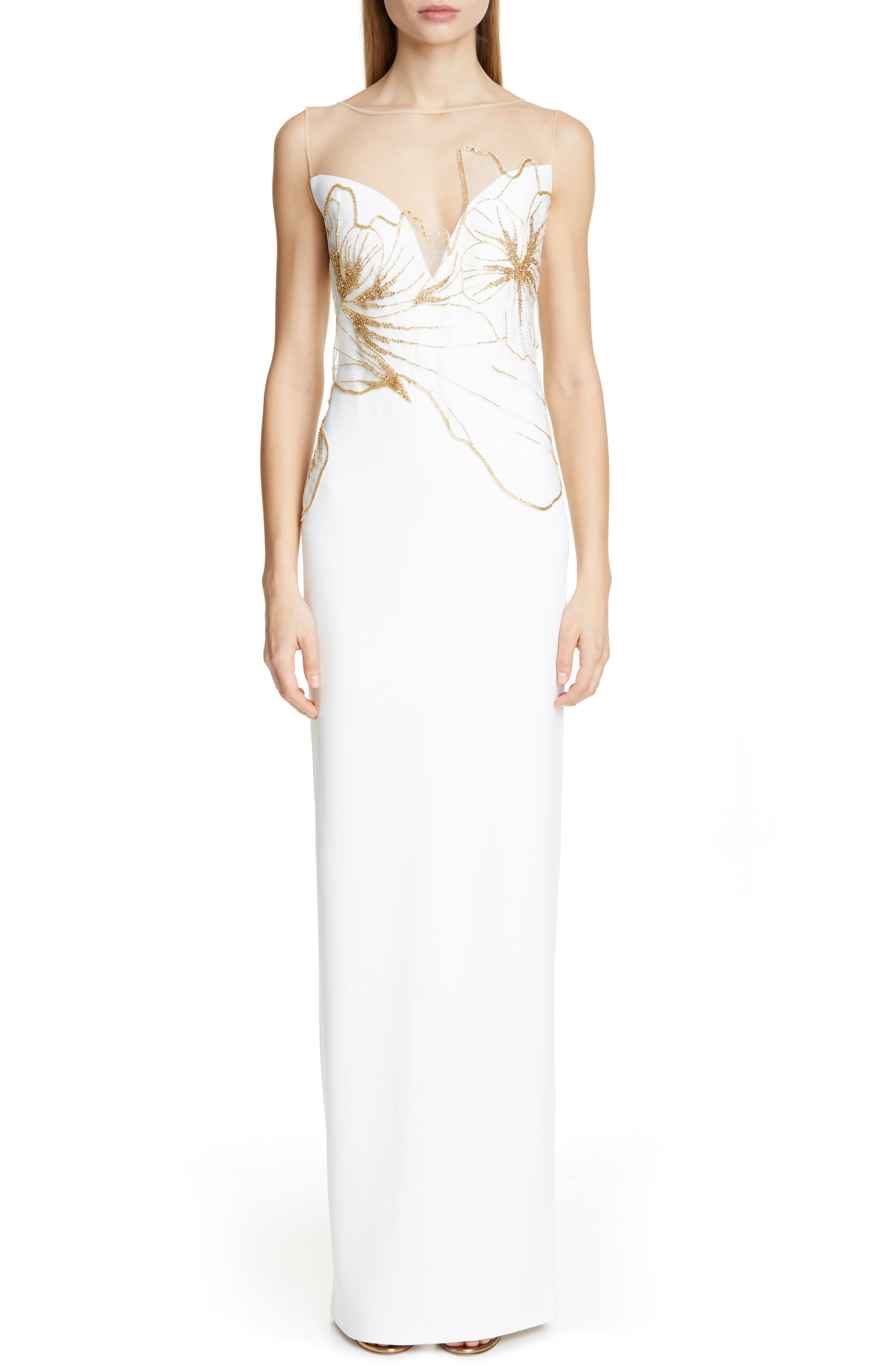 Pamella Roland Embellished Evening Gown, White