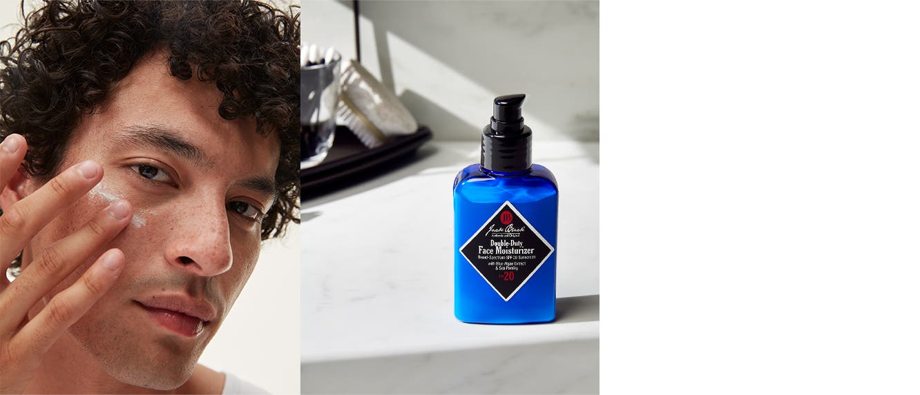 A man moisturizing his face. Skin and beard care products from Jack Black.