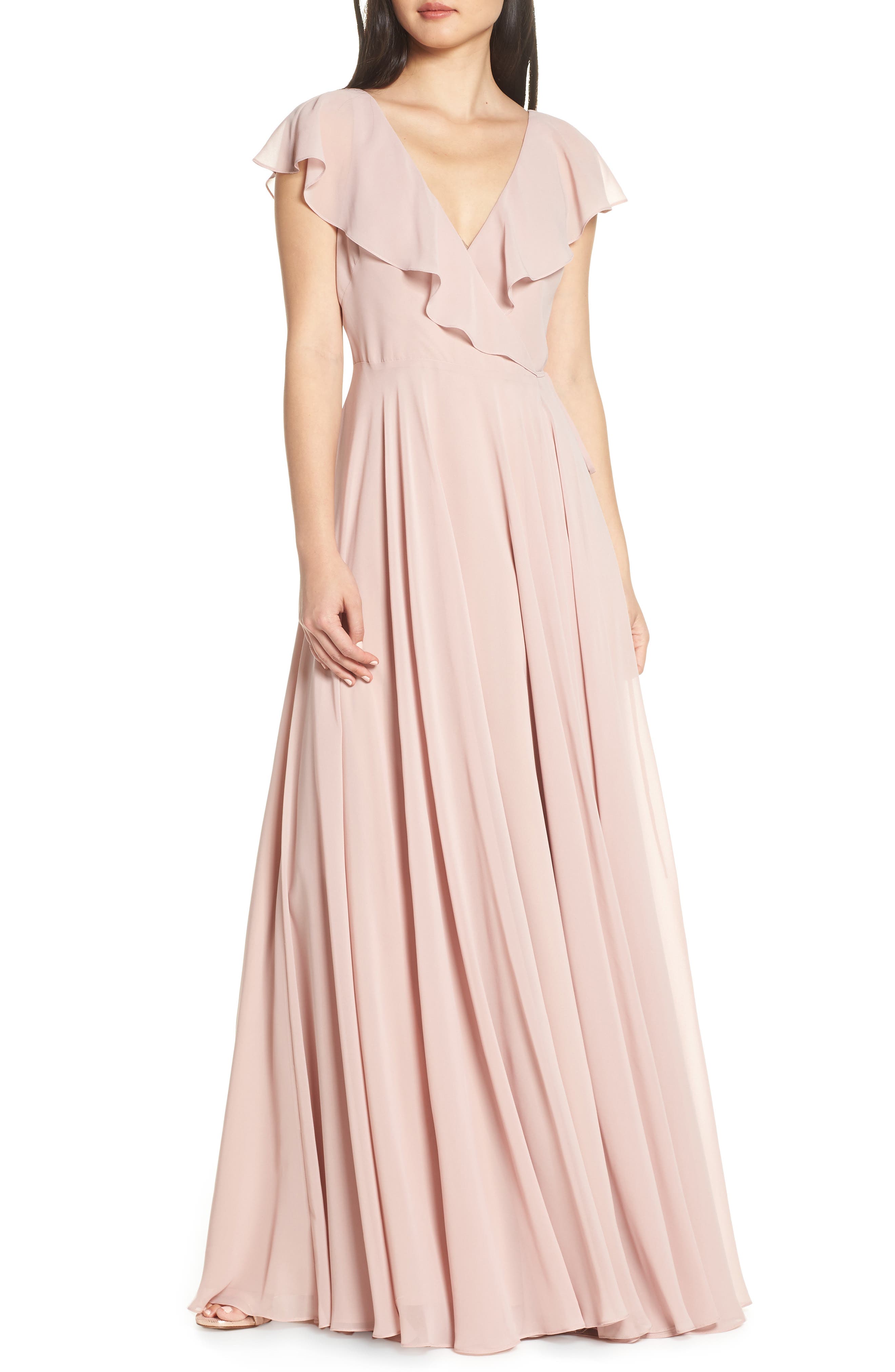Jenny Yoo Faye Ruffle Wrap Chiffon Evening Dress, Pink
