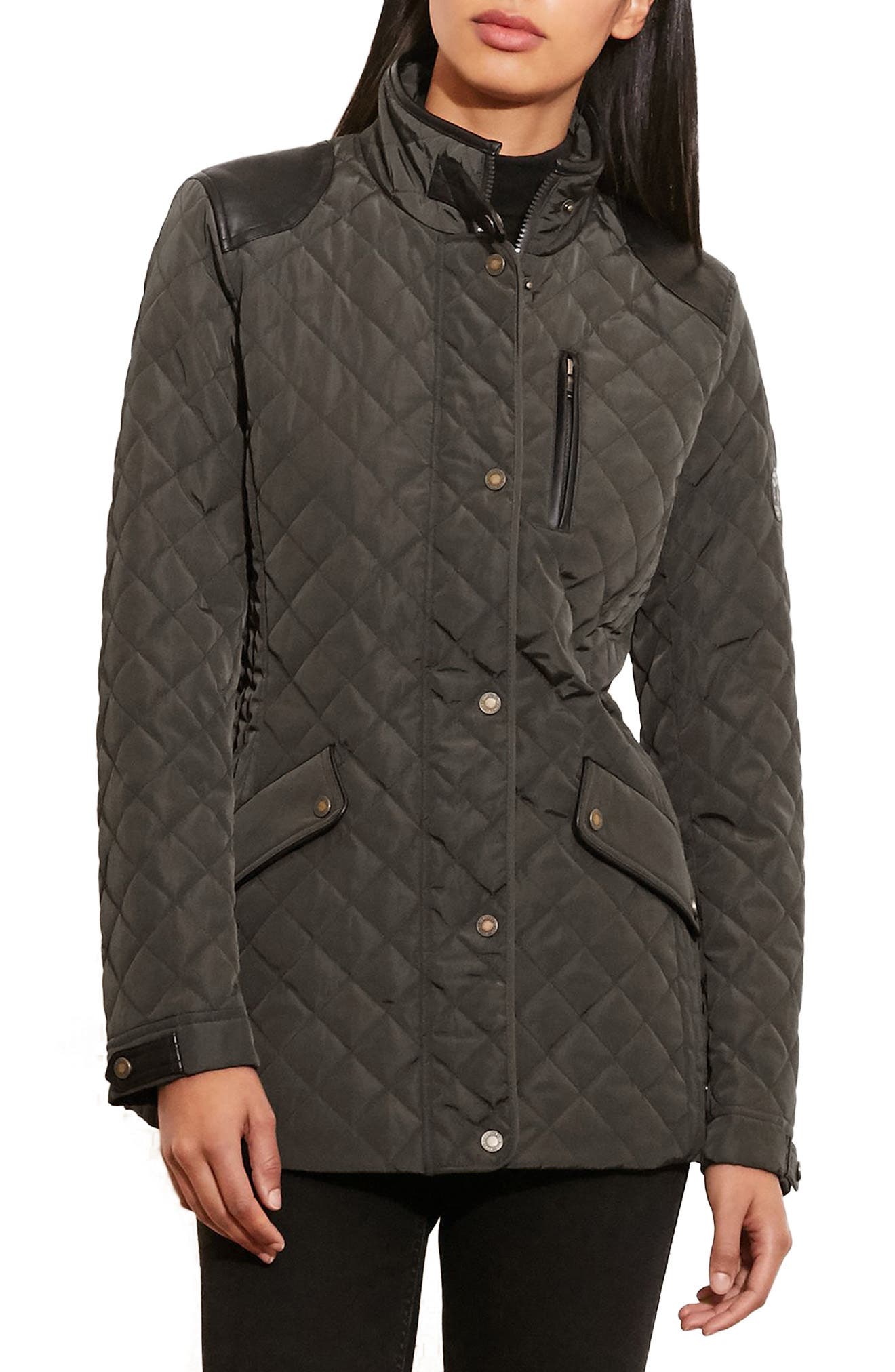 Lauren Ralph Lauren Faux Leather Trim Quilted Coat, Green
