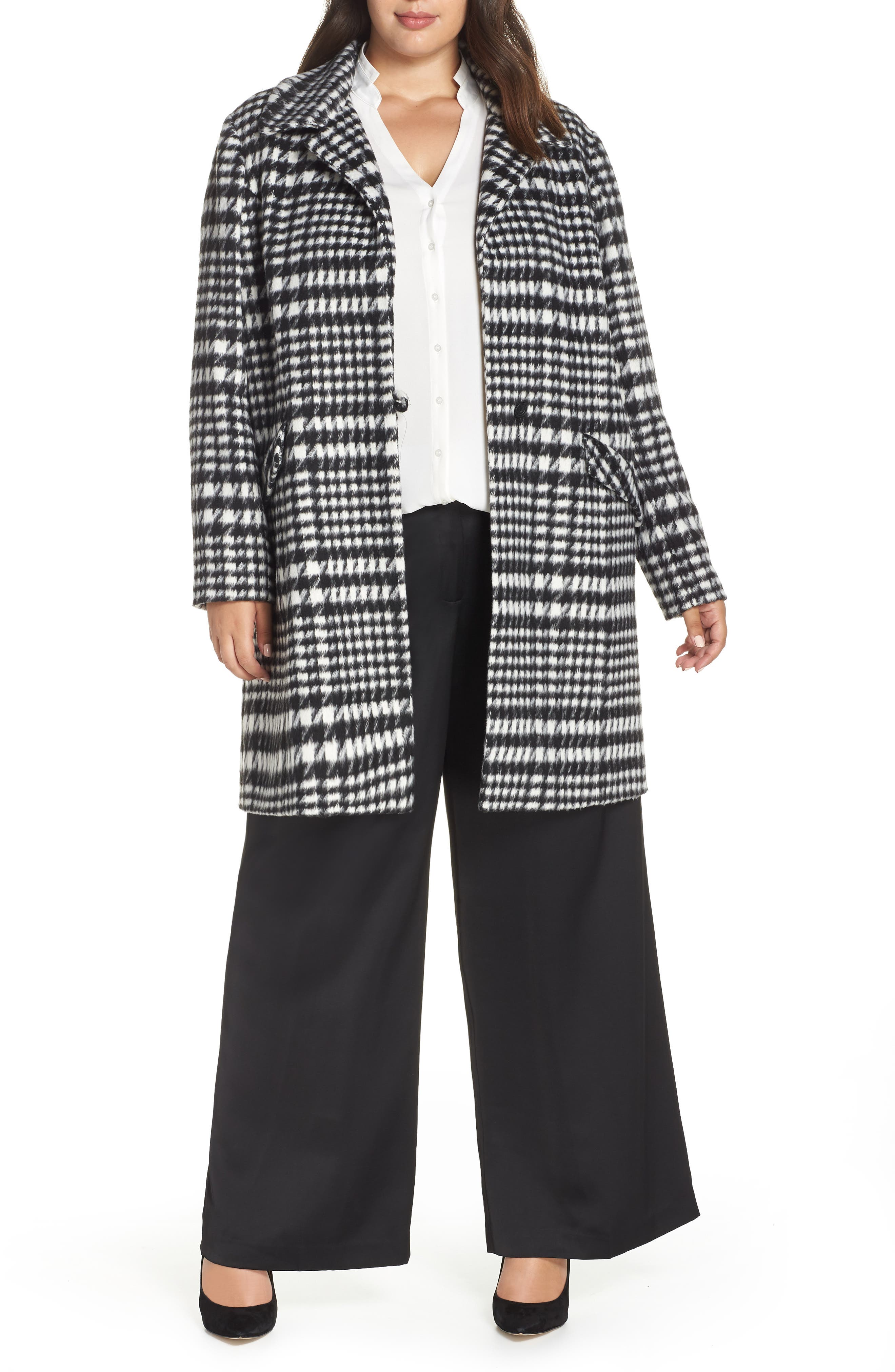Plus Size Sejour Brushed Houndstooth Coat, Black