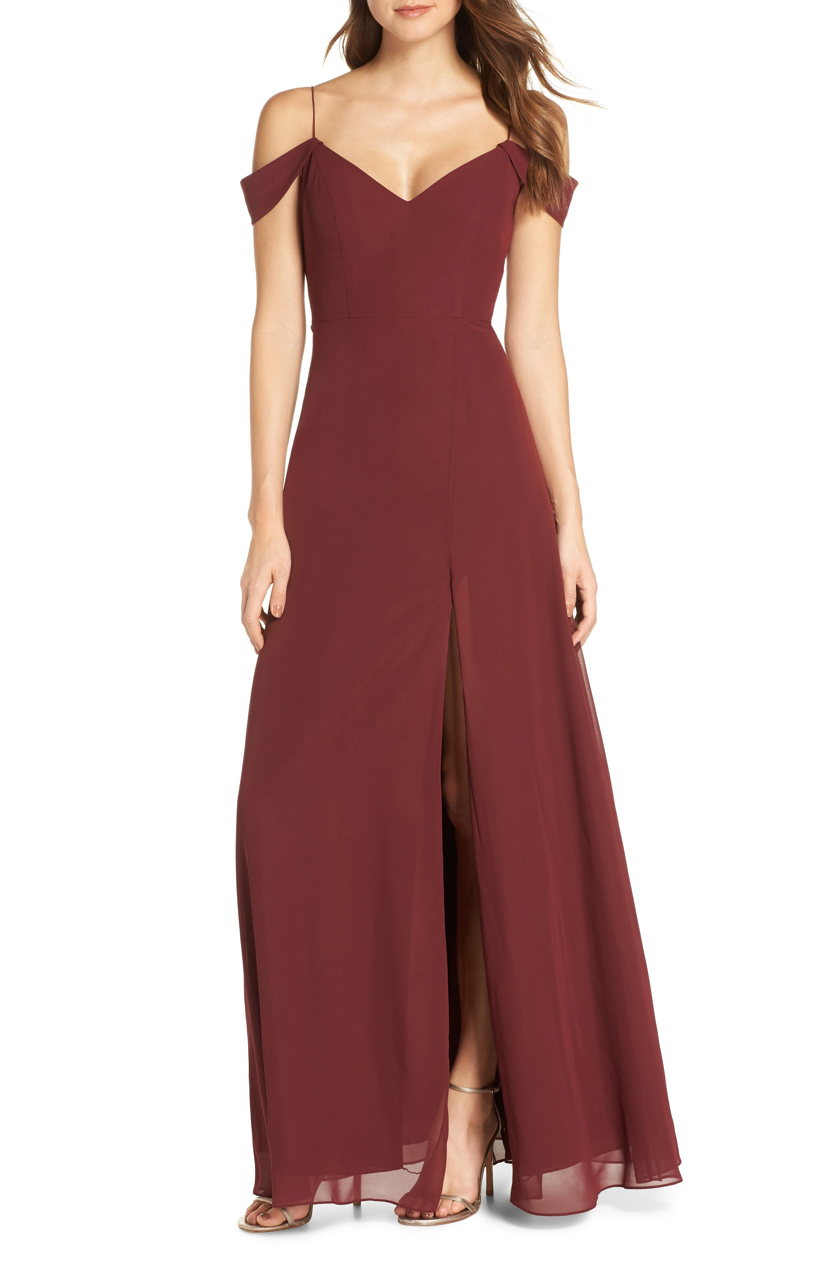 Jenny Yoo Priya Cold Shoulder Chiffon Evening Dress, Red