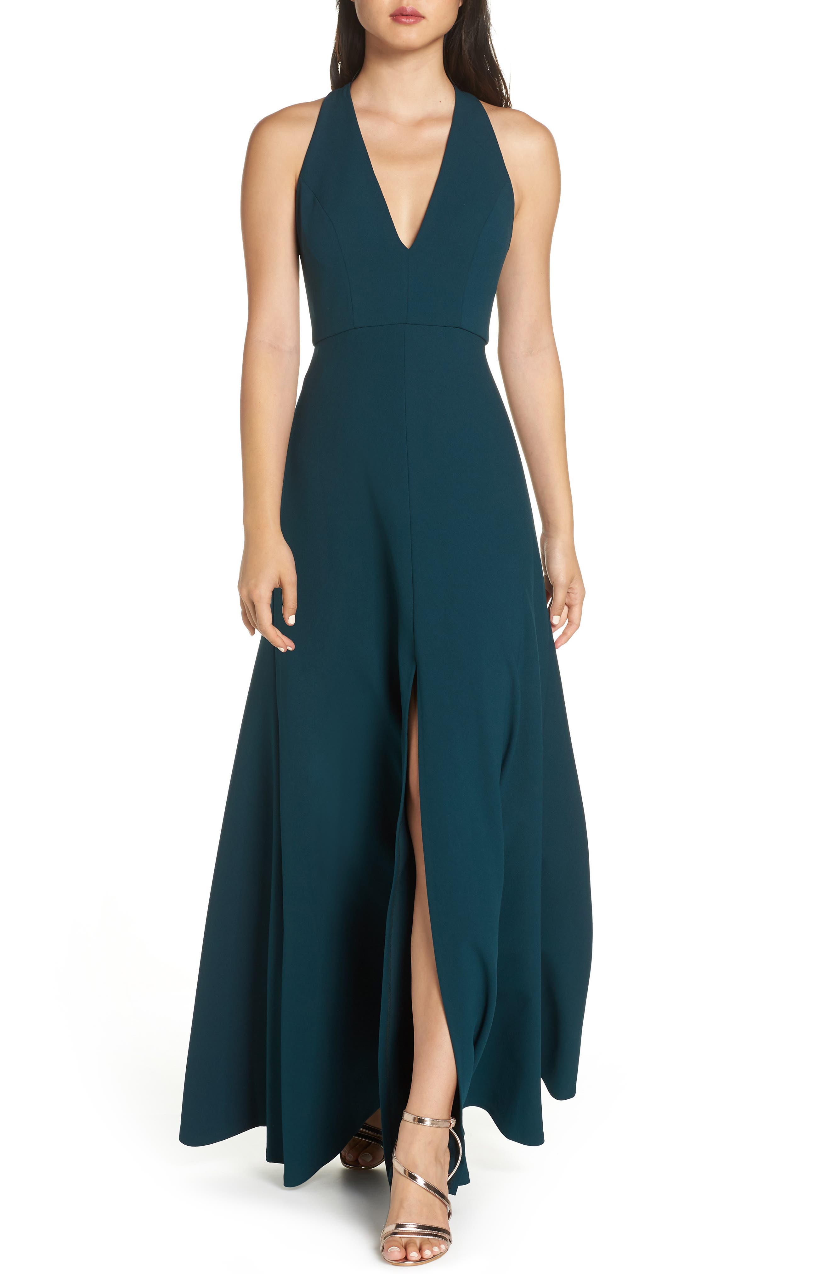 Jenny Yoo Margot V-Neck Knit Crepe Gown, Blue/green