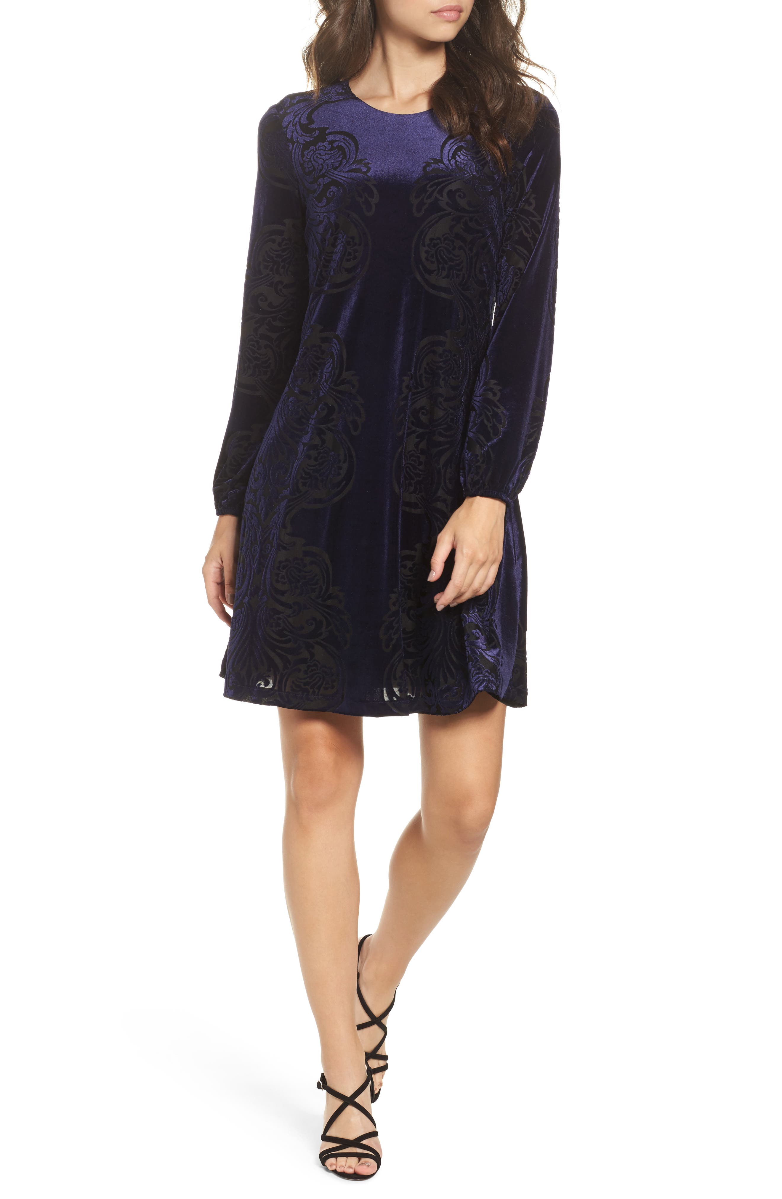 Petite Eliza J Burnout Velvet Shift Dress, Blue