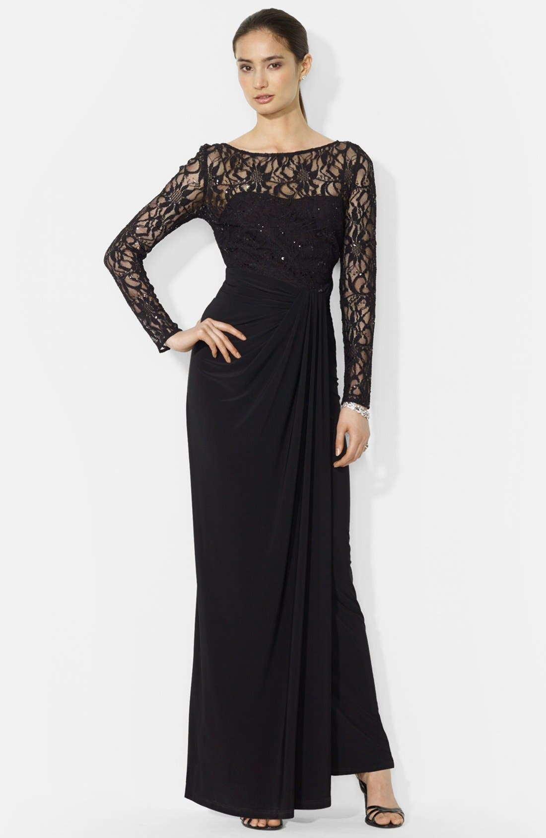 Lauren Ralph Lauren Long Sleeve Sequin Lace Bodice Gown