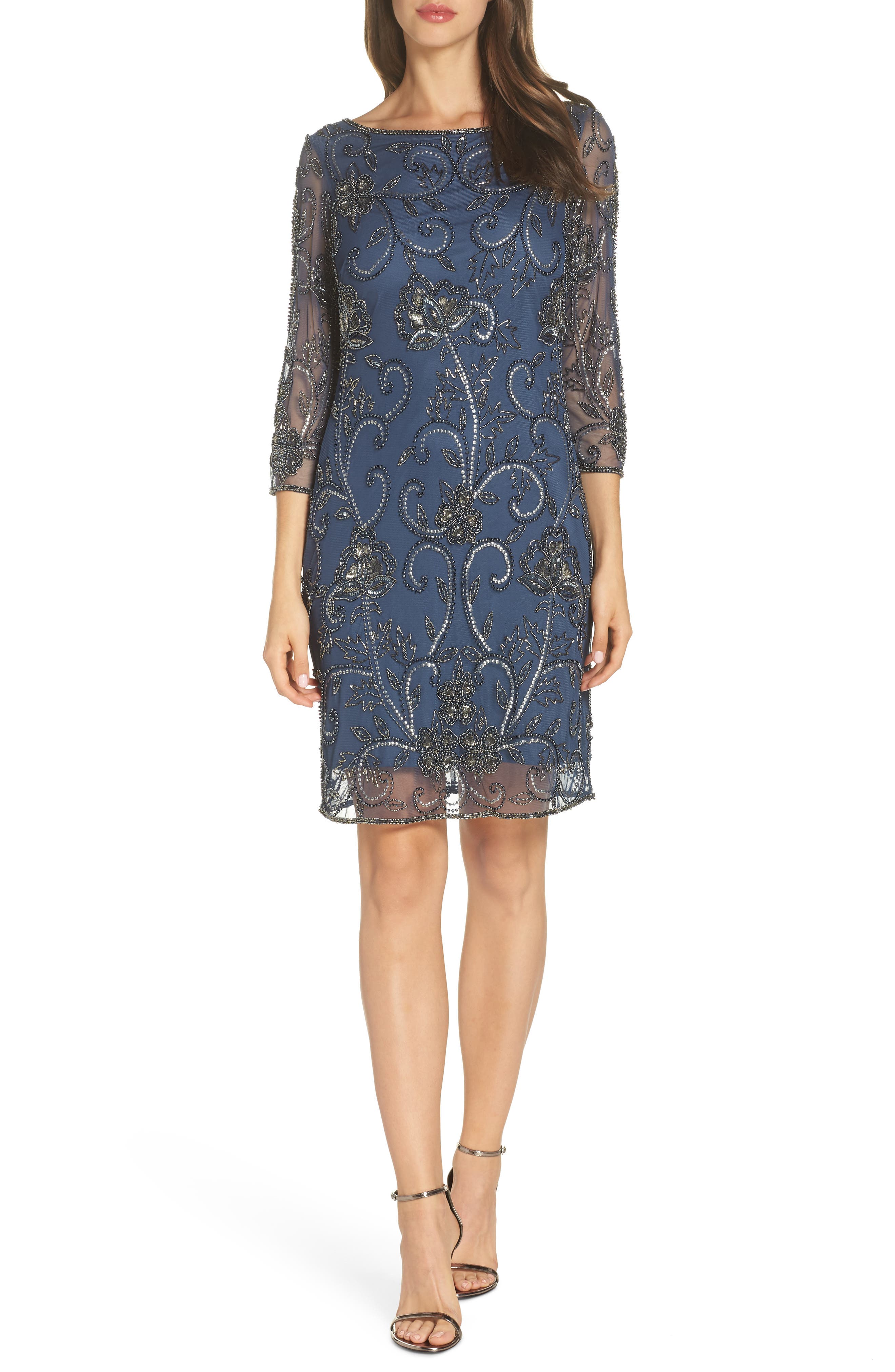 Pisarro Nights Embellished Mesh Sheath Dress, Blue