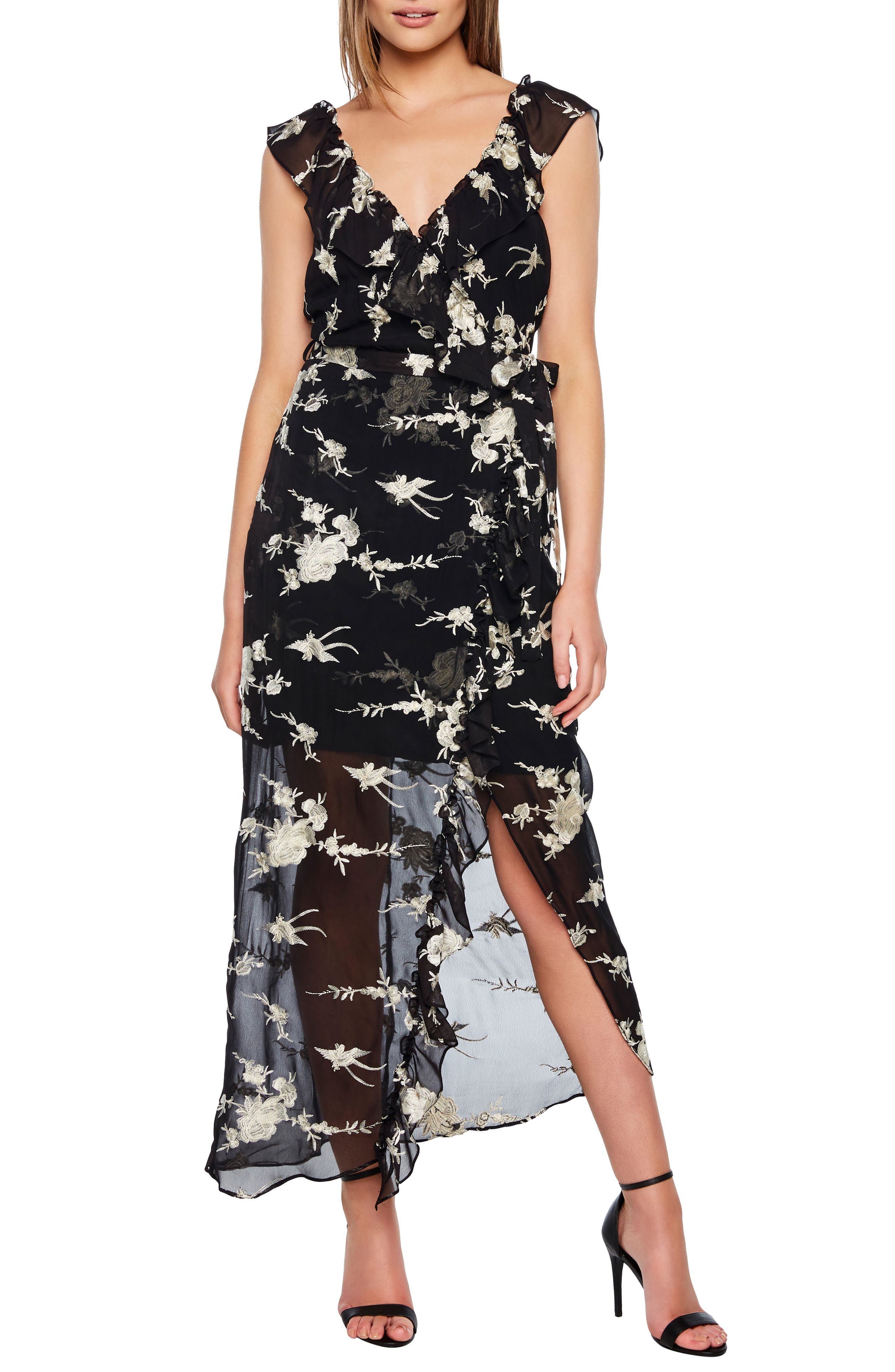 Bardot Embroidered Faux Wrap Dress, Black