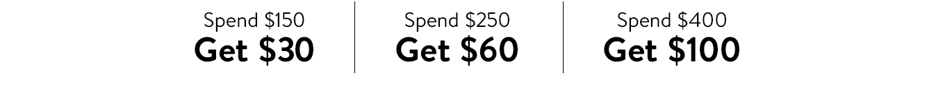 Spend 150 dollars, get 30 in bonus notes, spend 250, get 60, spend 400, get 100.