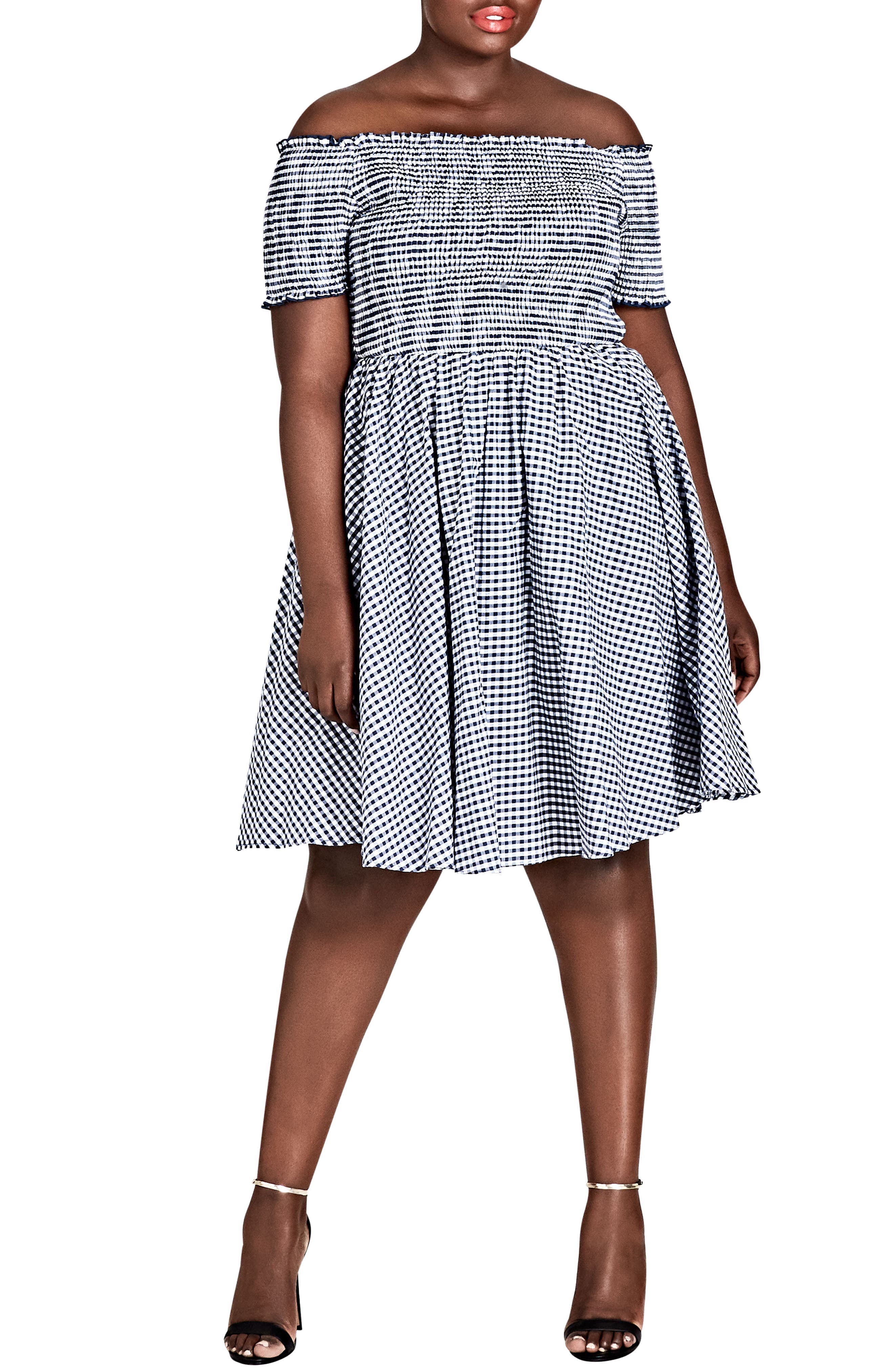 EAN 9352530027103 product image for Plus Size Women's City Chic Gingham Off The Shoulder Fit & Flare Dress, Size X-S | upcitemdb.com