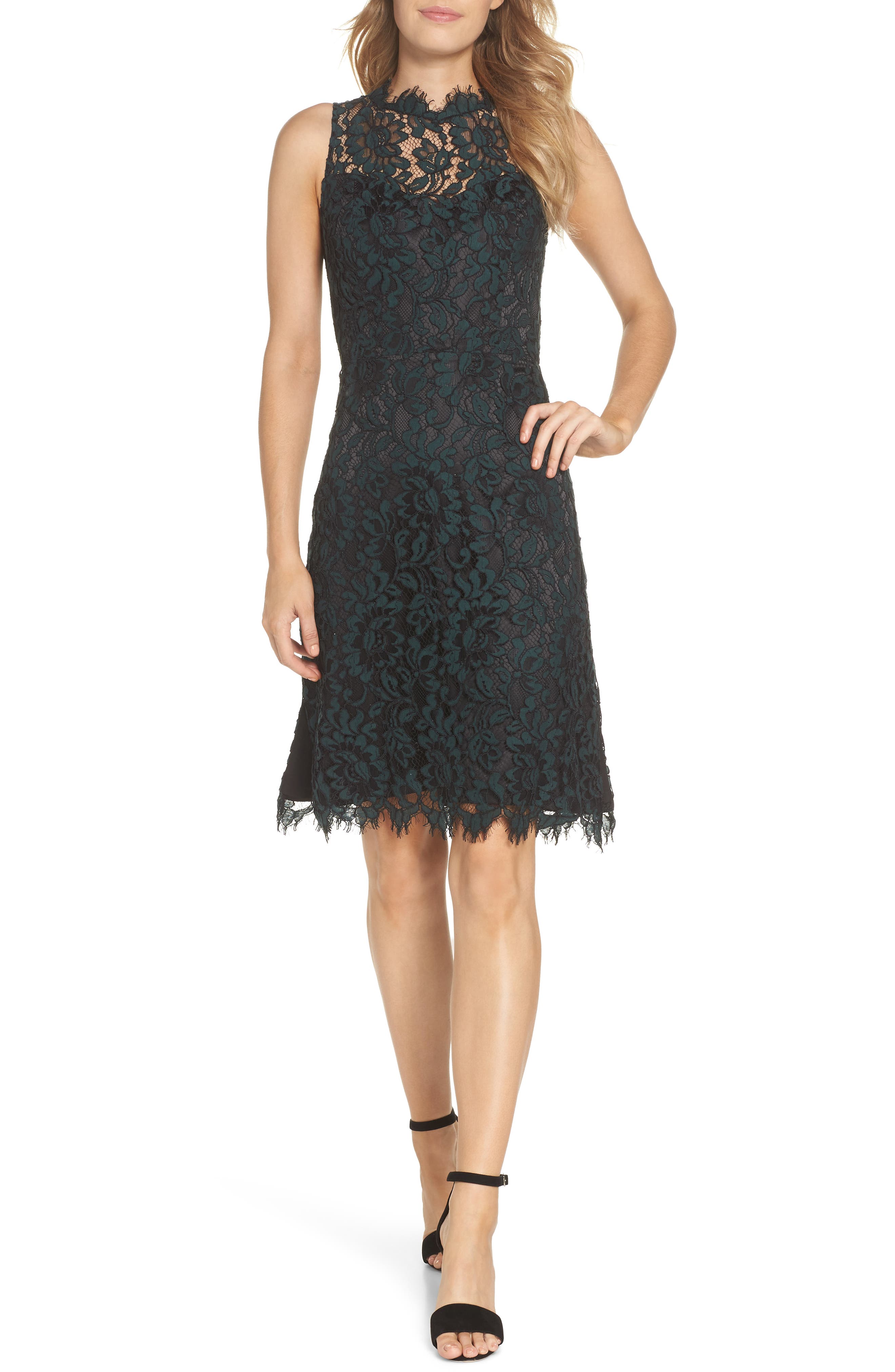 Eliza J High Neck Lace Sheath Dress, Green
