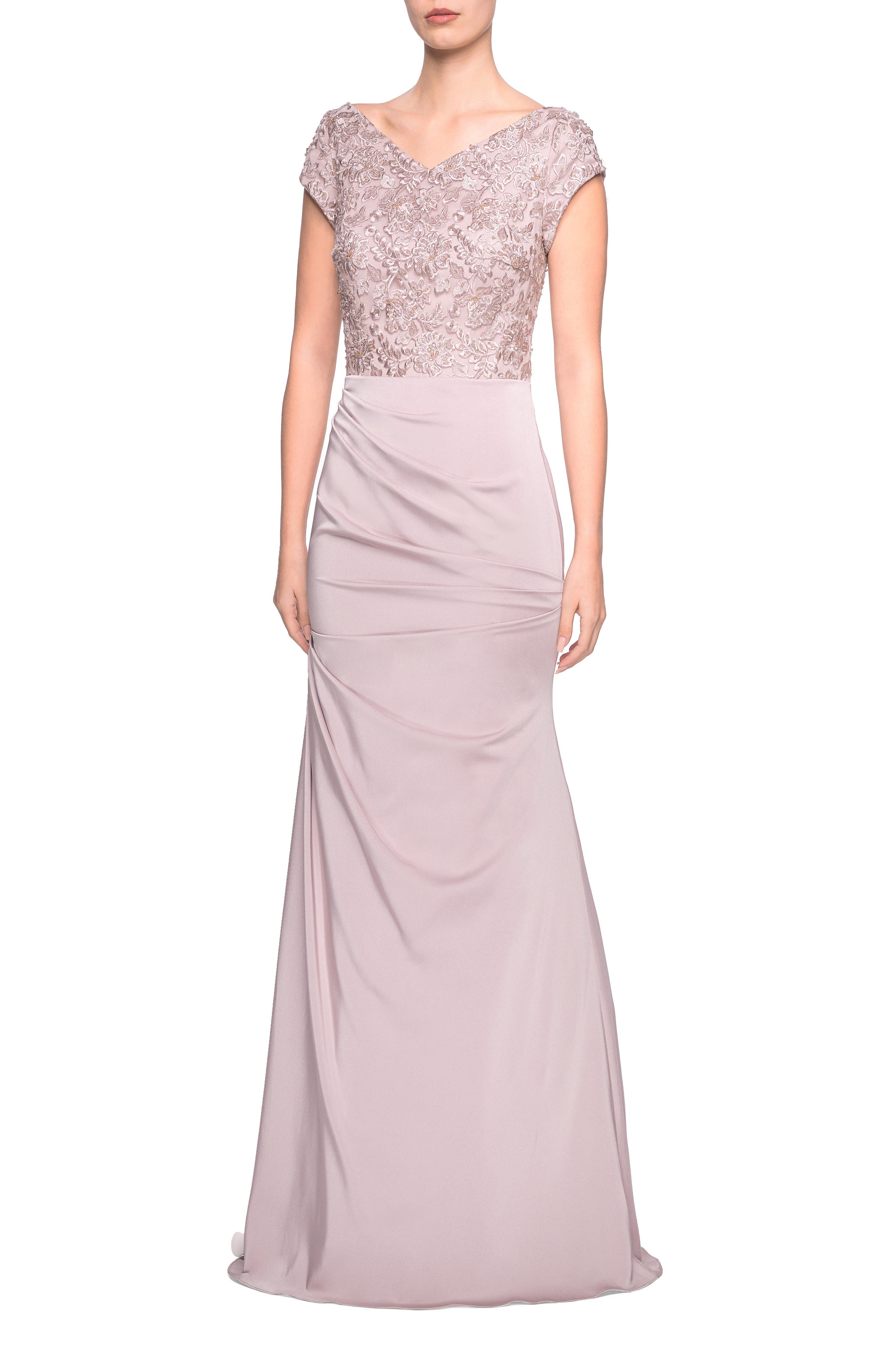 La Femme Embroidered Bodice Satin Evening Dress, 8 (similar to 18W-20W) - Beige