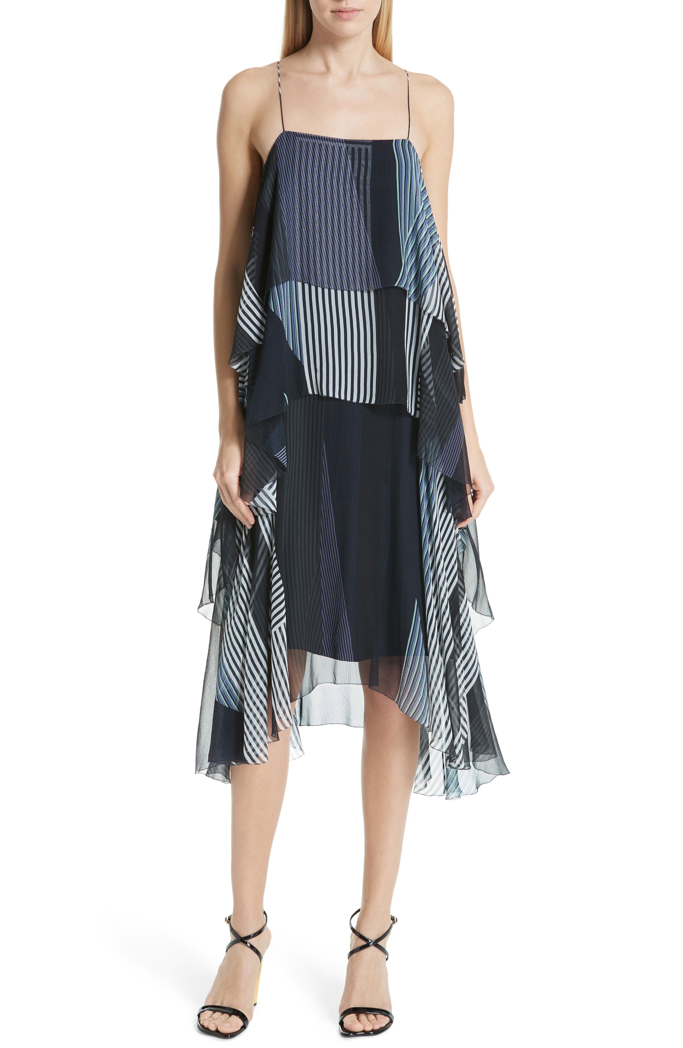 Jason Wu Collage Stripe Silk Tiered Dress, Blue