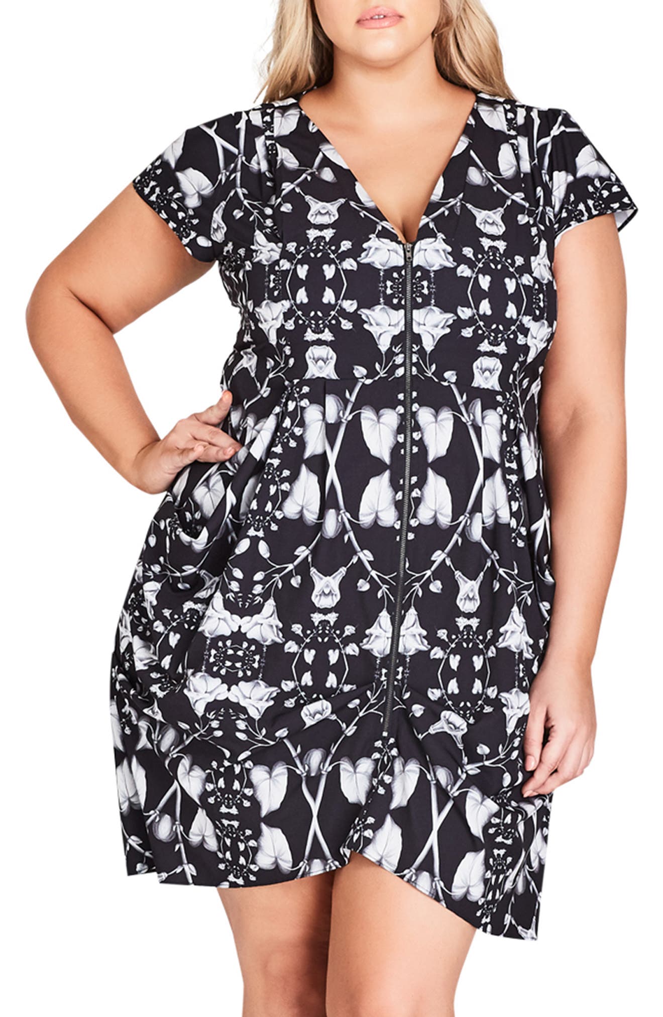 Plus Size City Chic Monochrome Deco Zip Front Tunic, Black