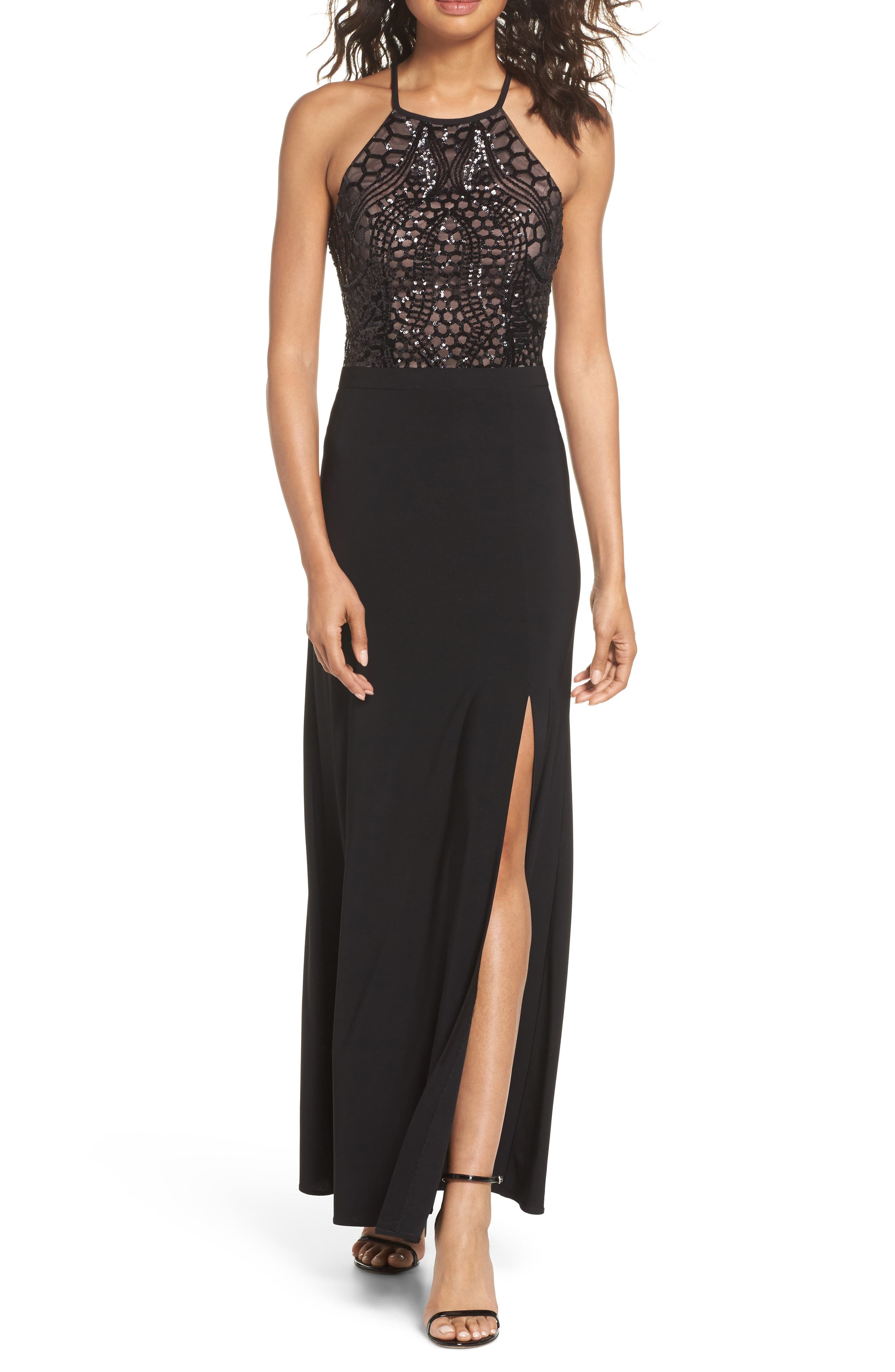 Morgan & Co. Sequin Halter Gown, /12 - Black