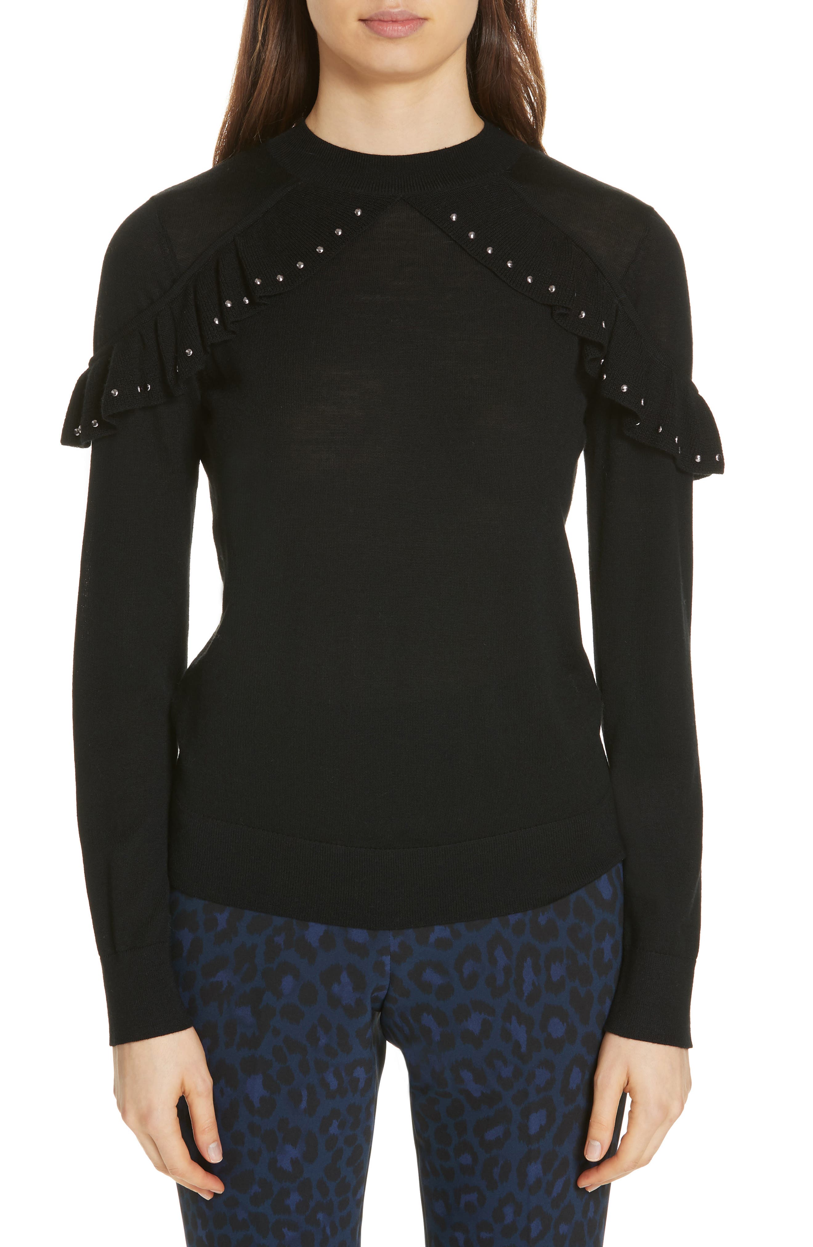 Kate Spade New York Studded Ruffle Sweater, Black