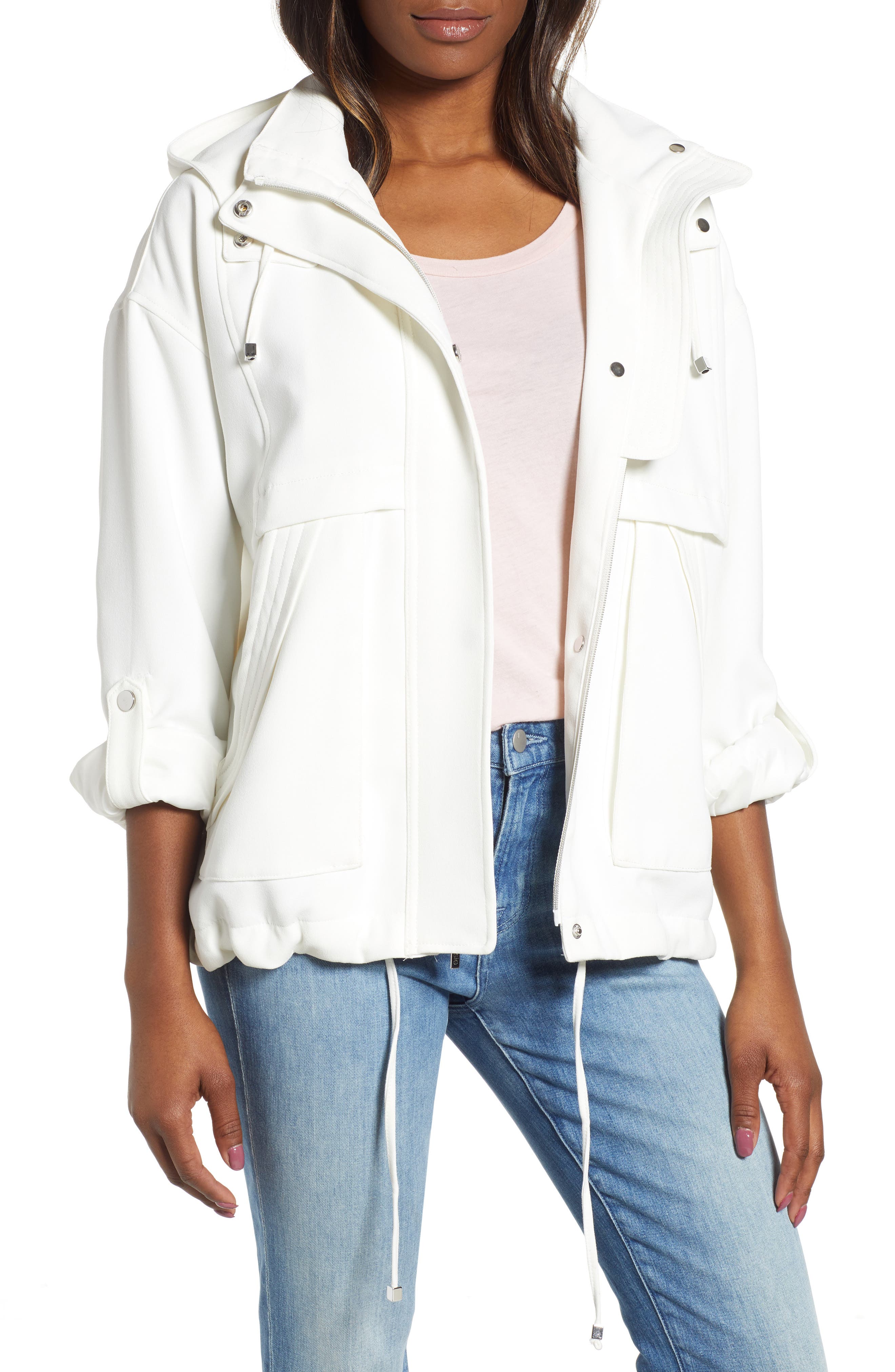 Kensie Crepe Blouson Hooded Jacket, White