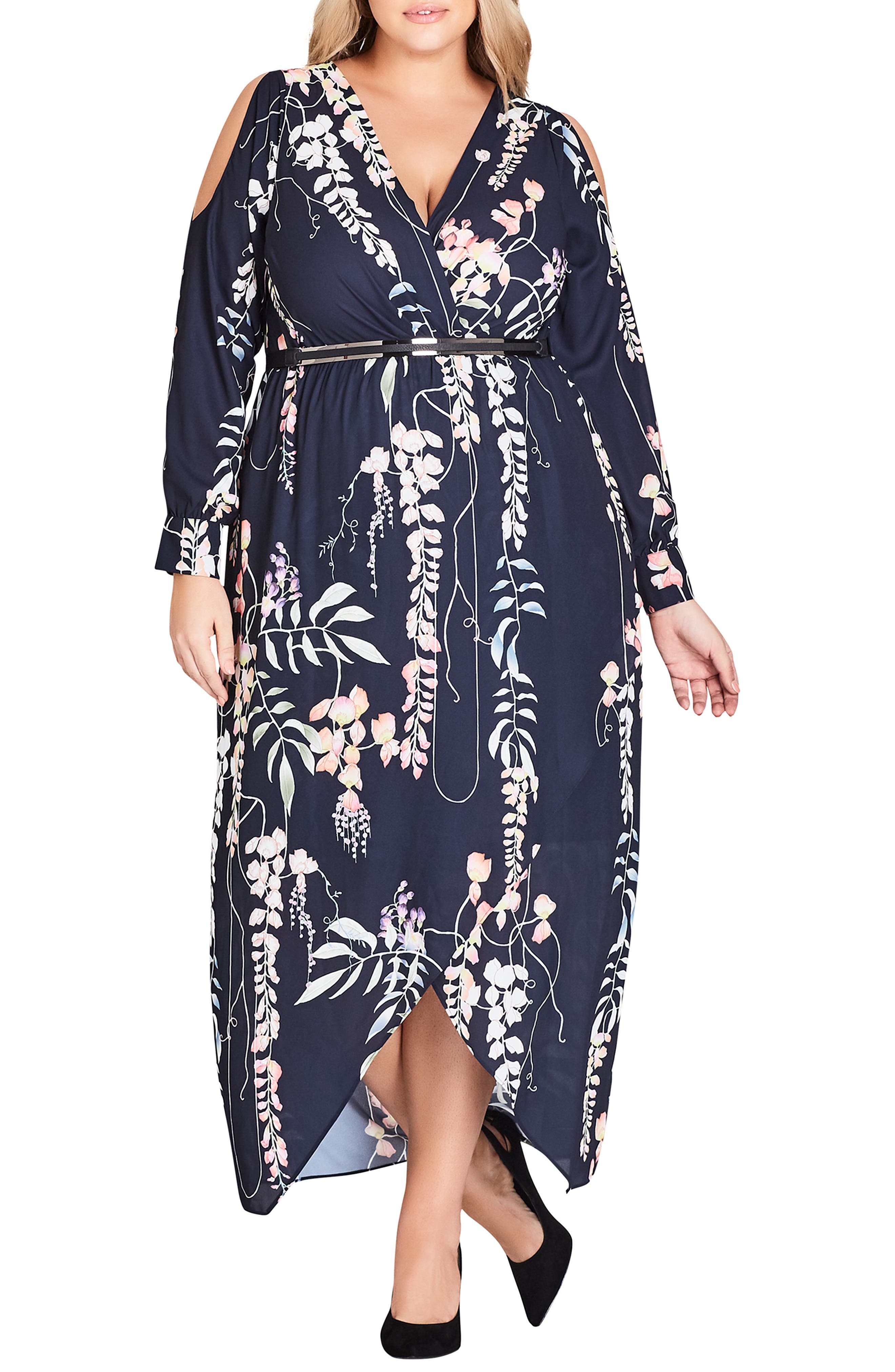 Plus Size City Chic Hothouse Vine Cold Shoulder Maxi Dress, Blue