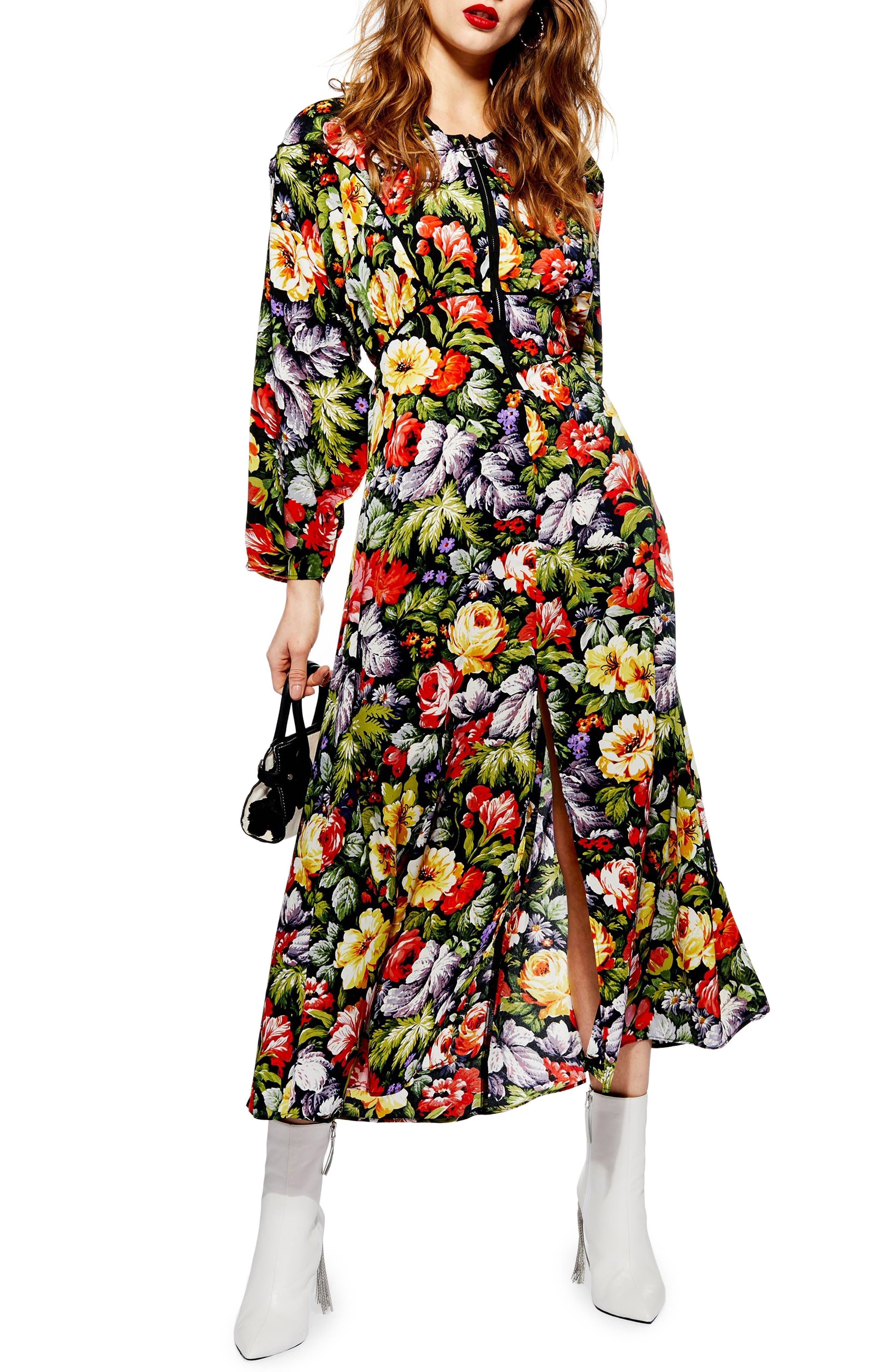 Topshop Floral Zip Through Midi Dress, US (fits like 6-8) - Green