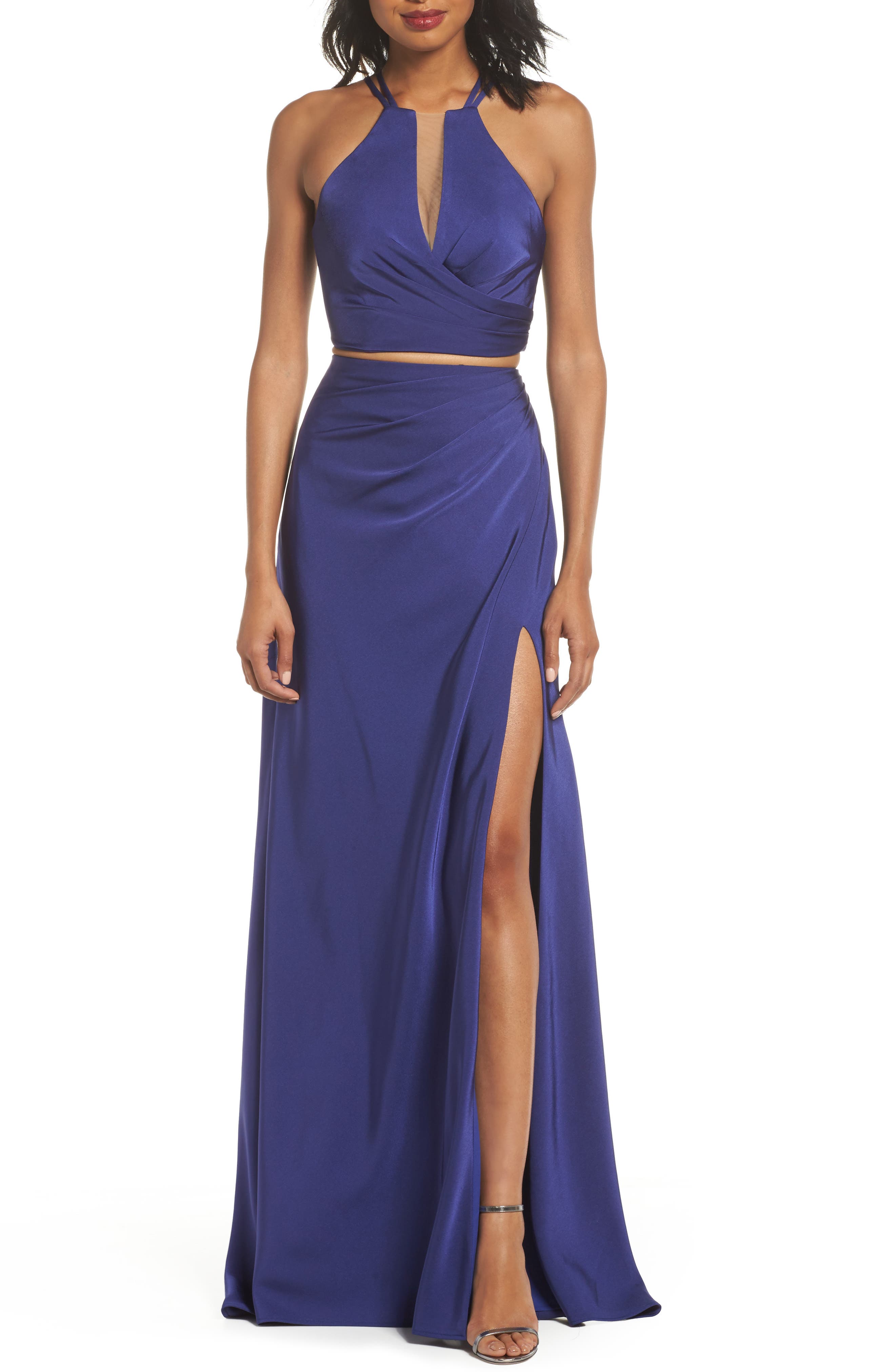 La Femme Strappy Two-Piece Sheath Gown, Purple