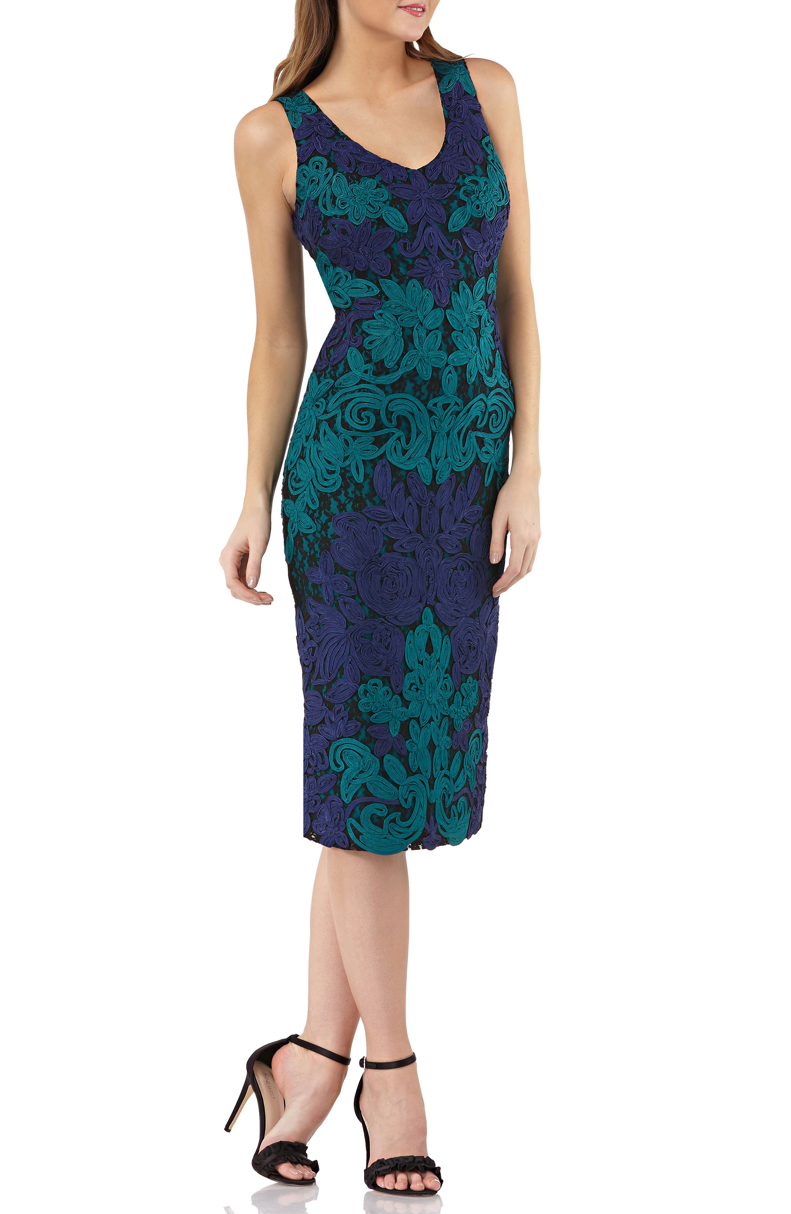 Js Collections V-Neck Colorblock Soutache Sheath Dress, Blue/green