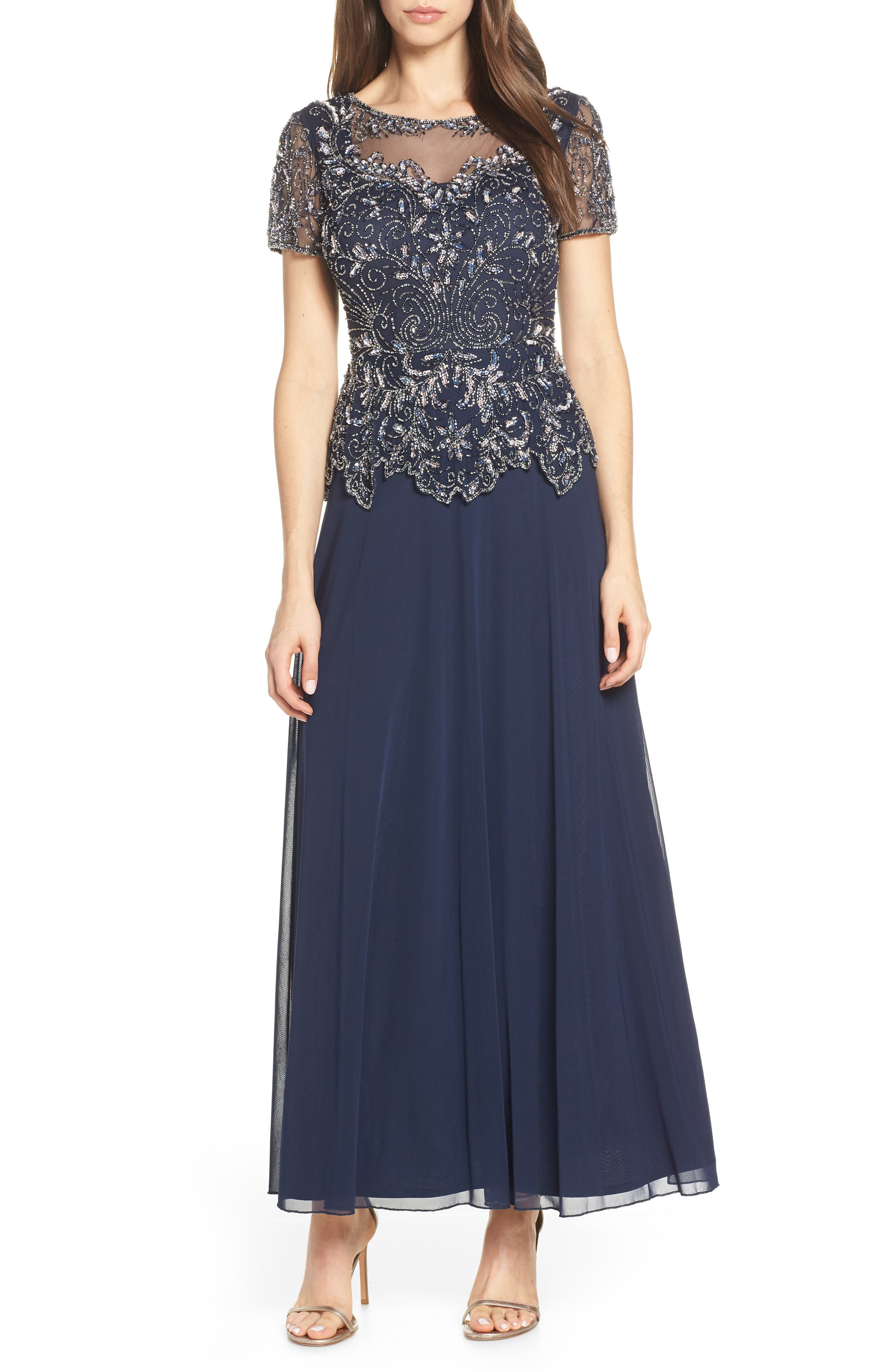 Pisarro Nights Embellished Mesh Bodice Evening Dress, Blue