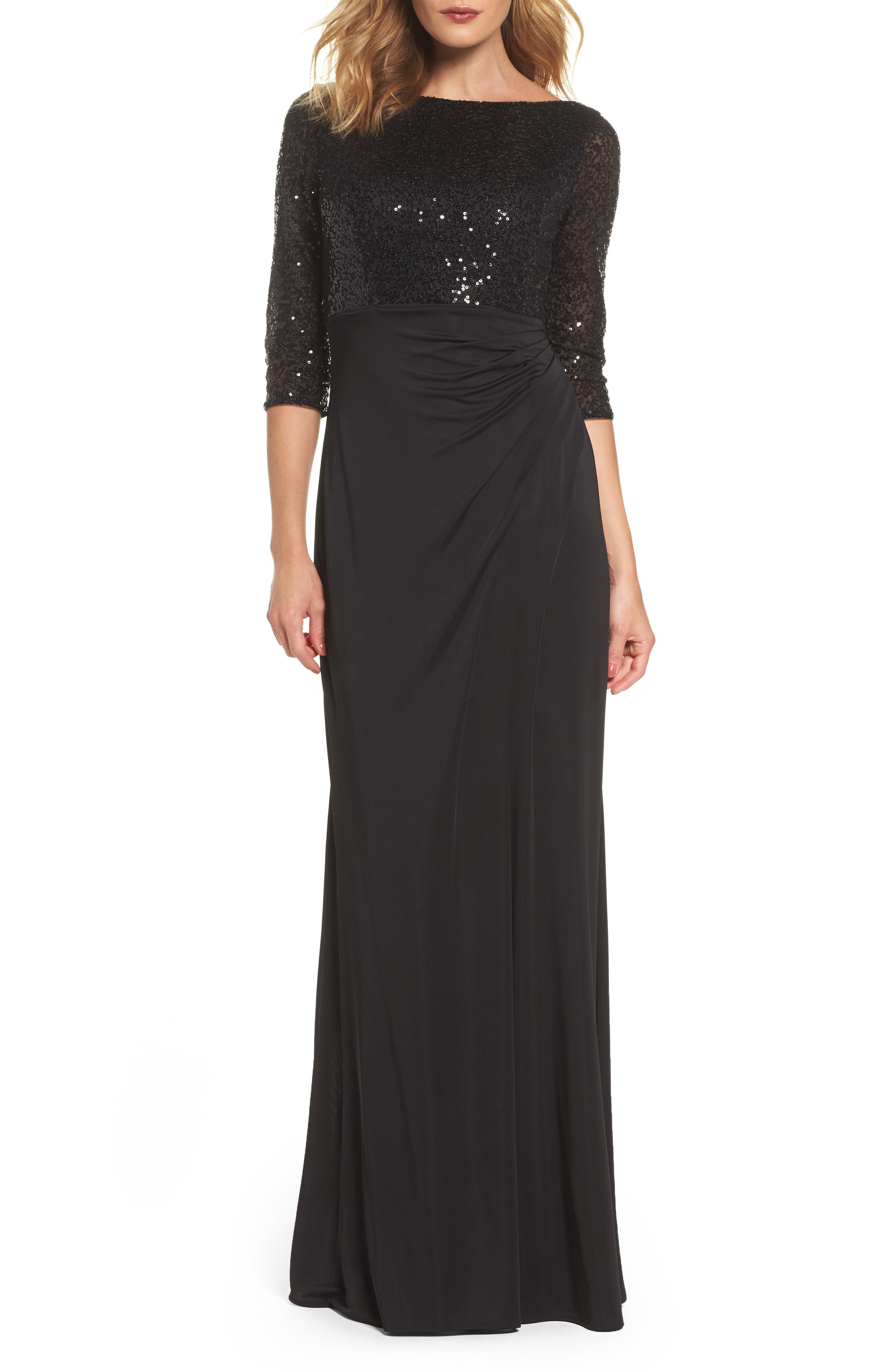 La Femme Sequin & Jersey Gown, Black