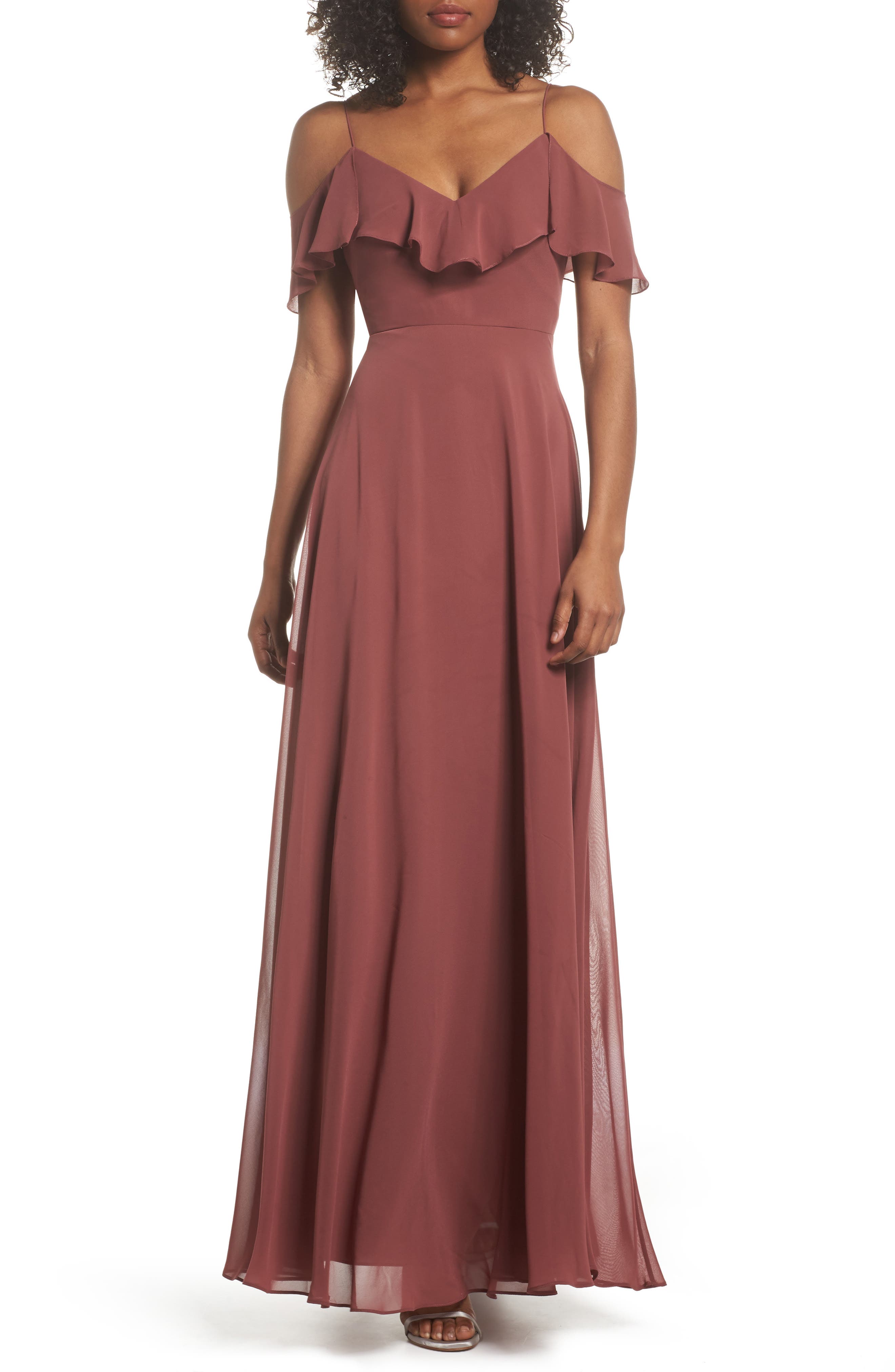 Jenny Yoo Cold Shoulder Chiffon Gown, Red