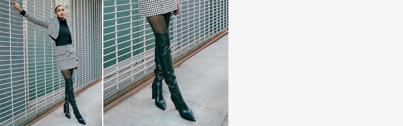 Full view and close-up of a woman wearing black leather over-the-knee-boots.