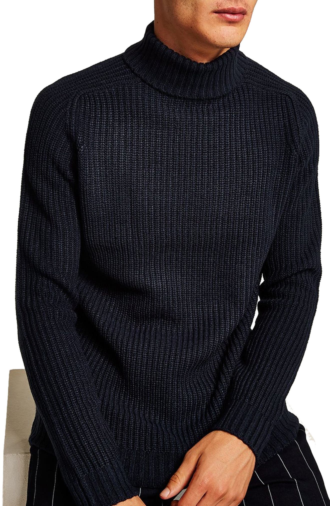 Topman Flint Ribbed Turtleneck Sweater, Blue