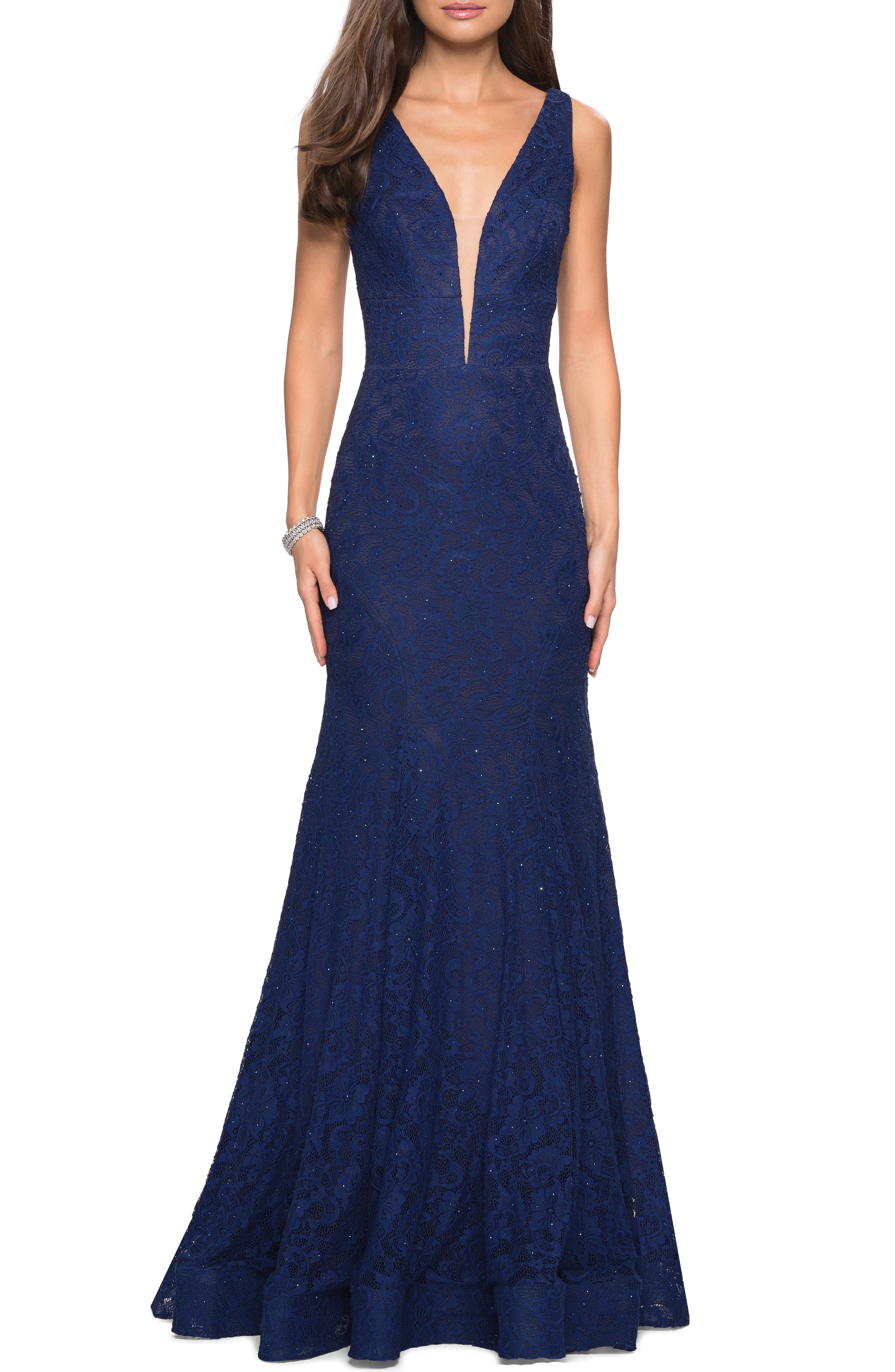 La Femme Plunge Neck Lace Evening Dress With Train, Blue