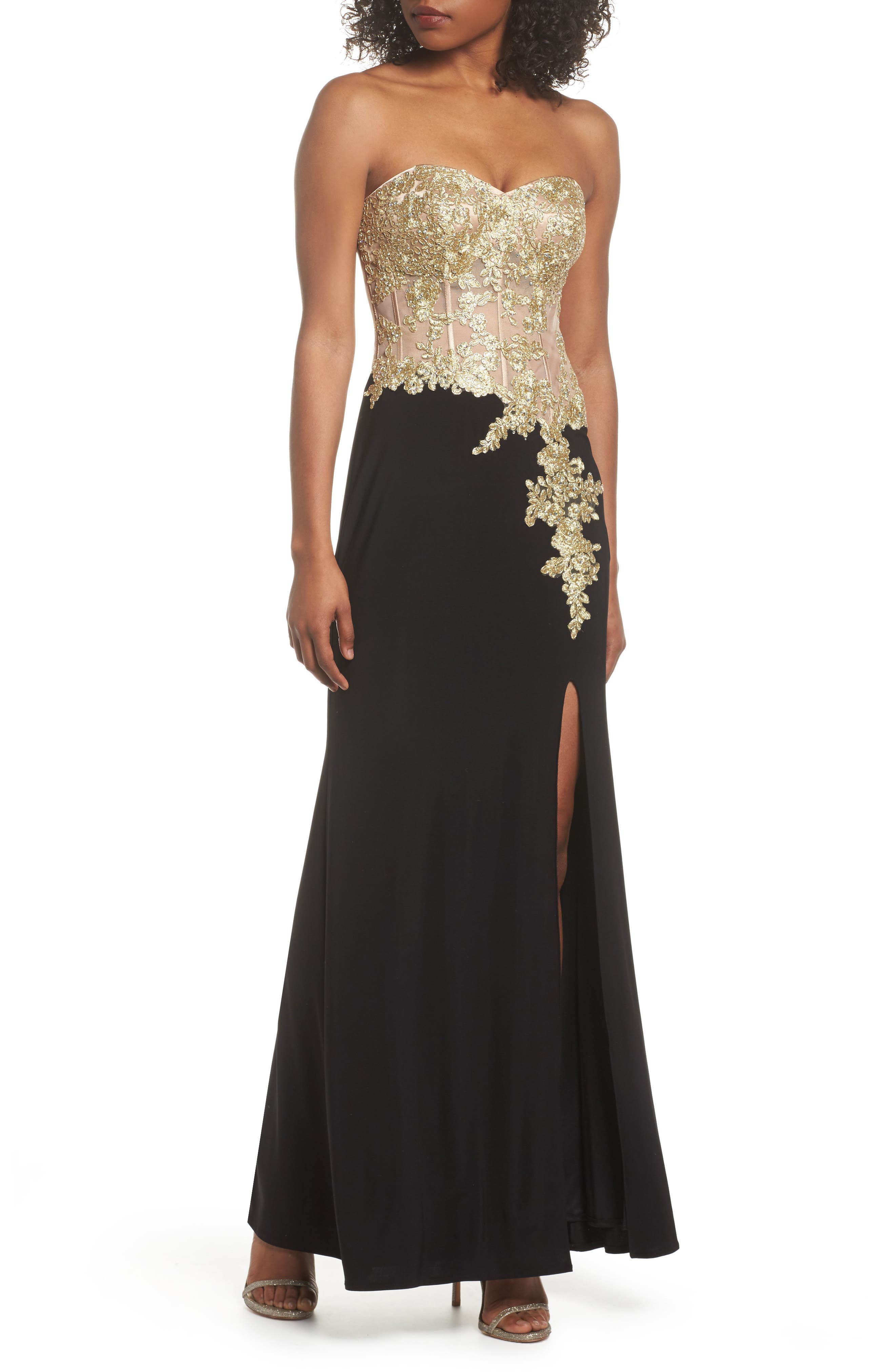 Blondie Nites Applique Strapless Bustier Gown, Metallic
