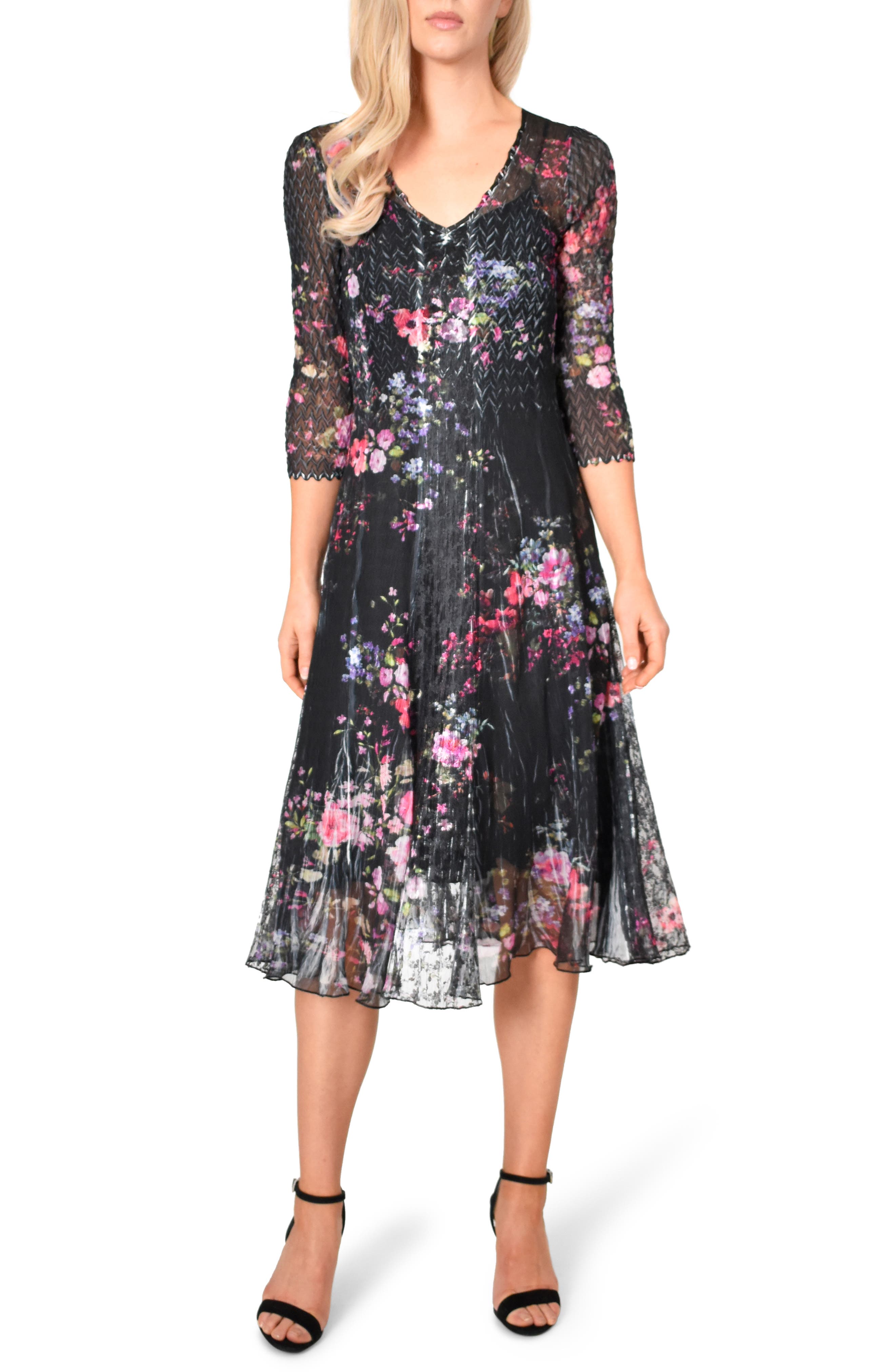 Komarov Charmeuse & Lace A-Line Dress, Black