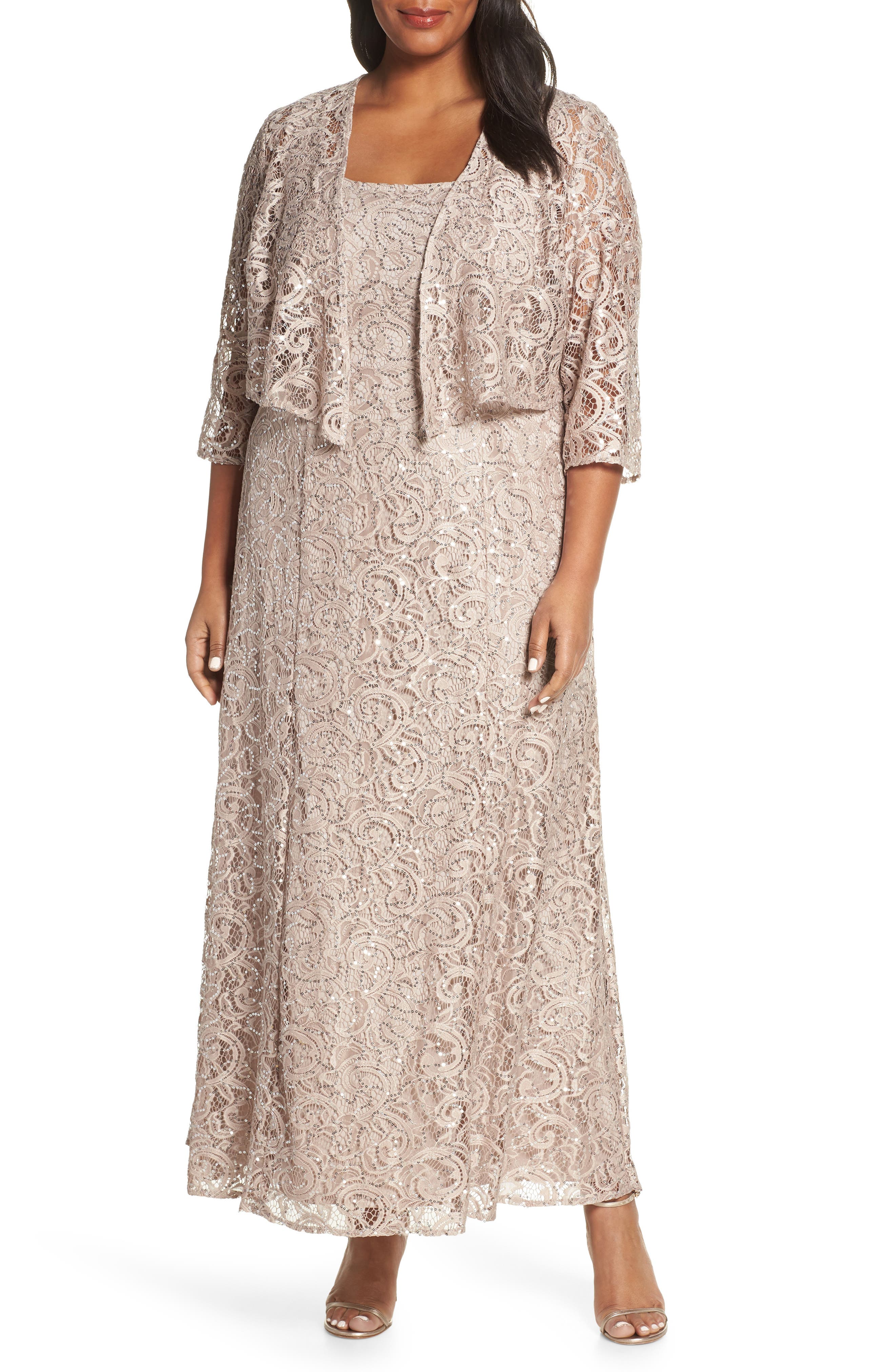 Plus Size Alex Evenings Lace & Sequin Jacket Dress, Beige