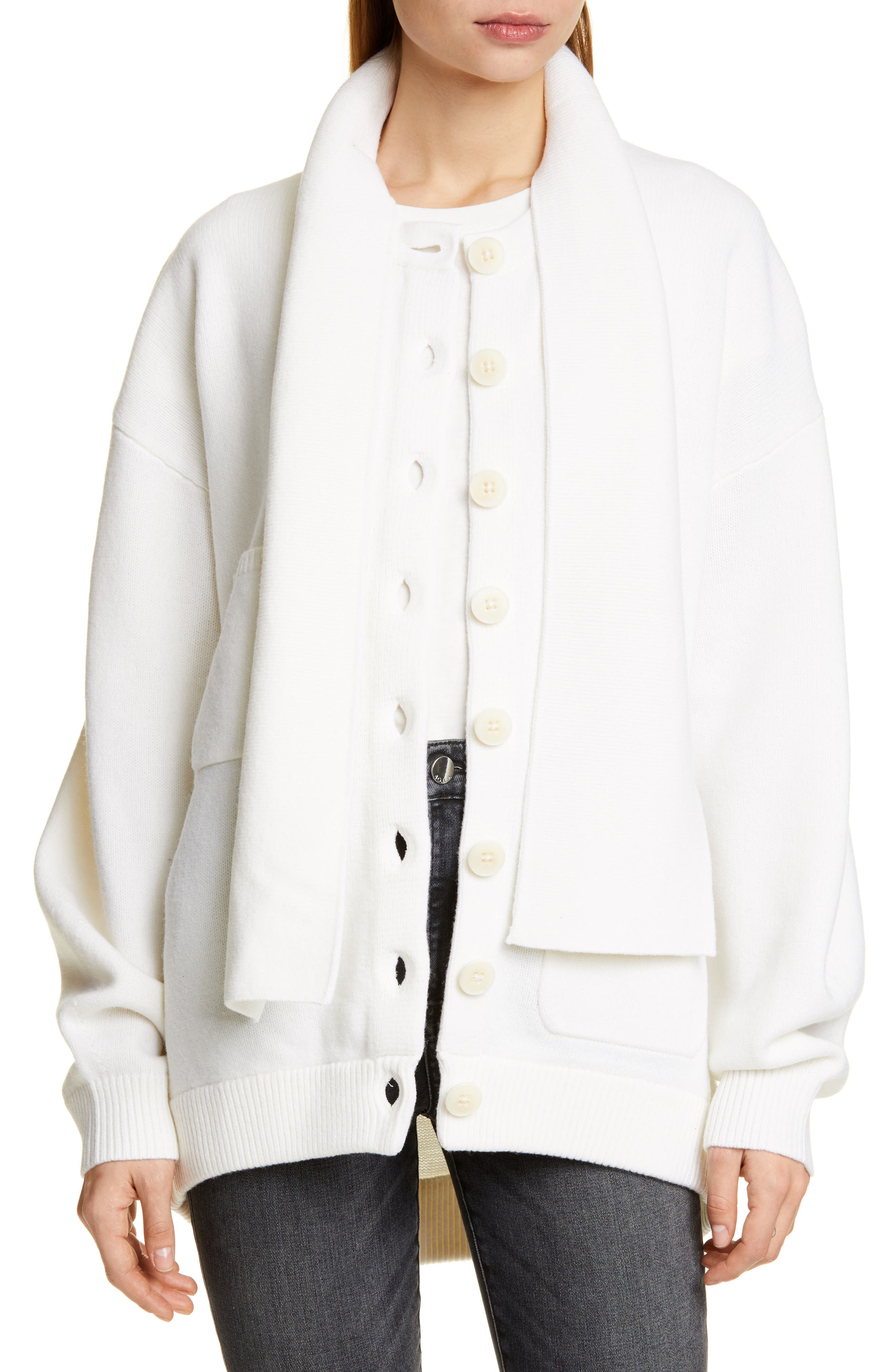 Tibi Tie Neck Merino Wool Blend Cardigan, Ivory