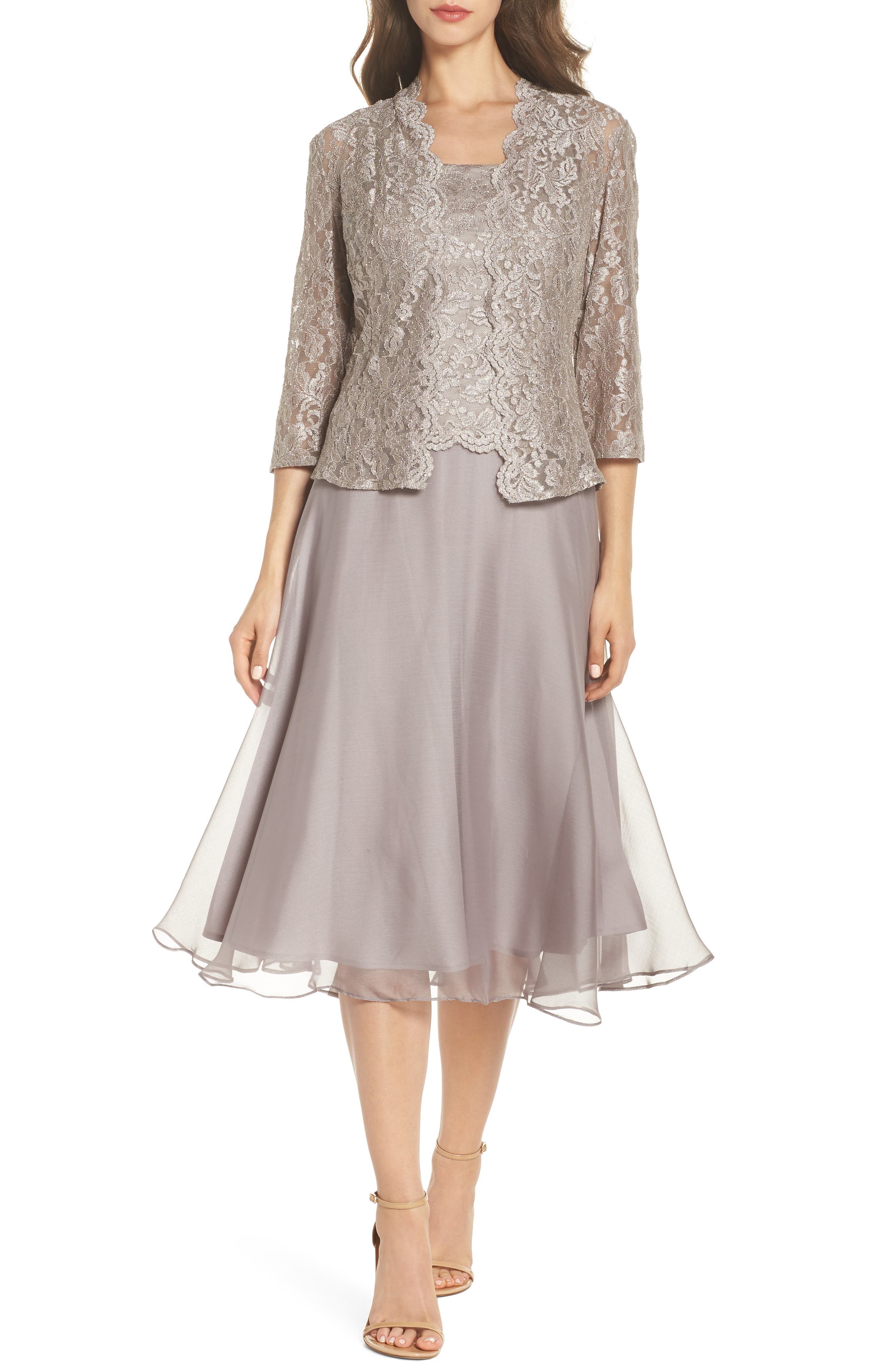 Petite Alex Evenings Lace Bodice Tea Length Dress With Jacket, Grey