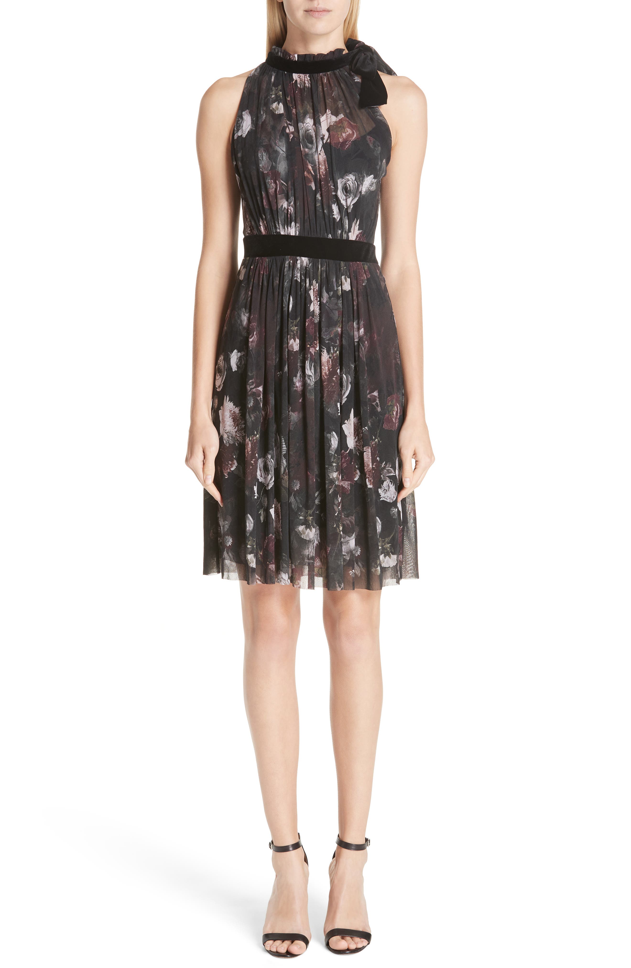 Fuzzi Floral Print Tulle Halter Dress, Black