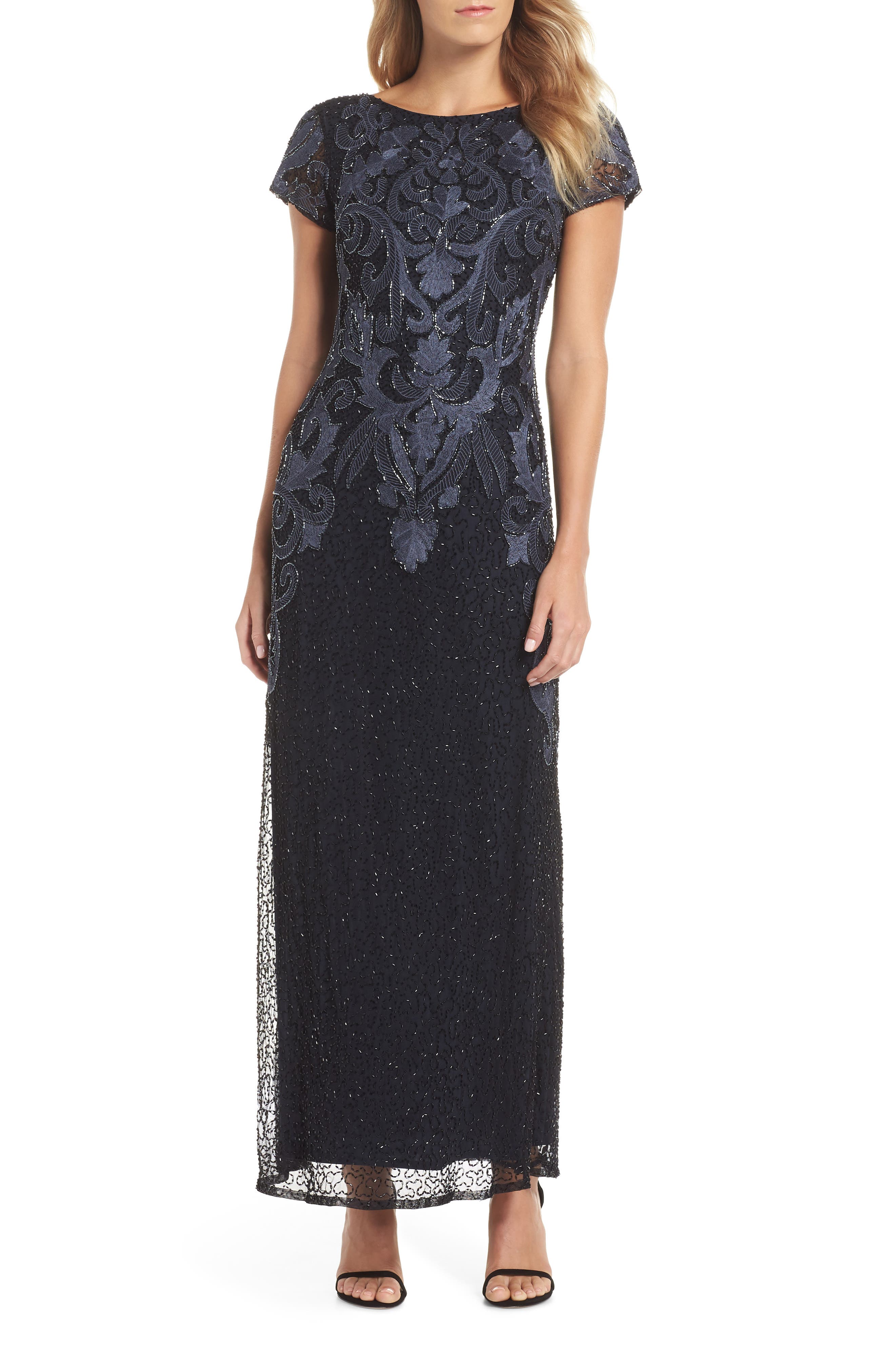 Pisarro Nights Embroidered Mesh Gown, Black
