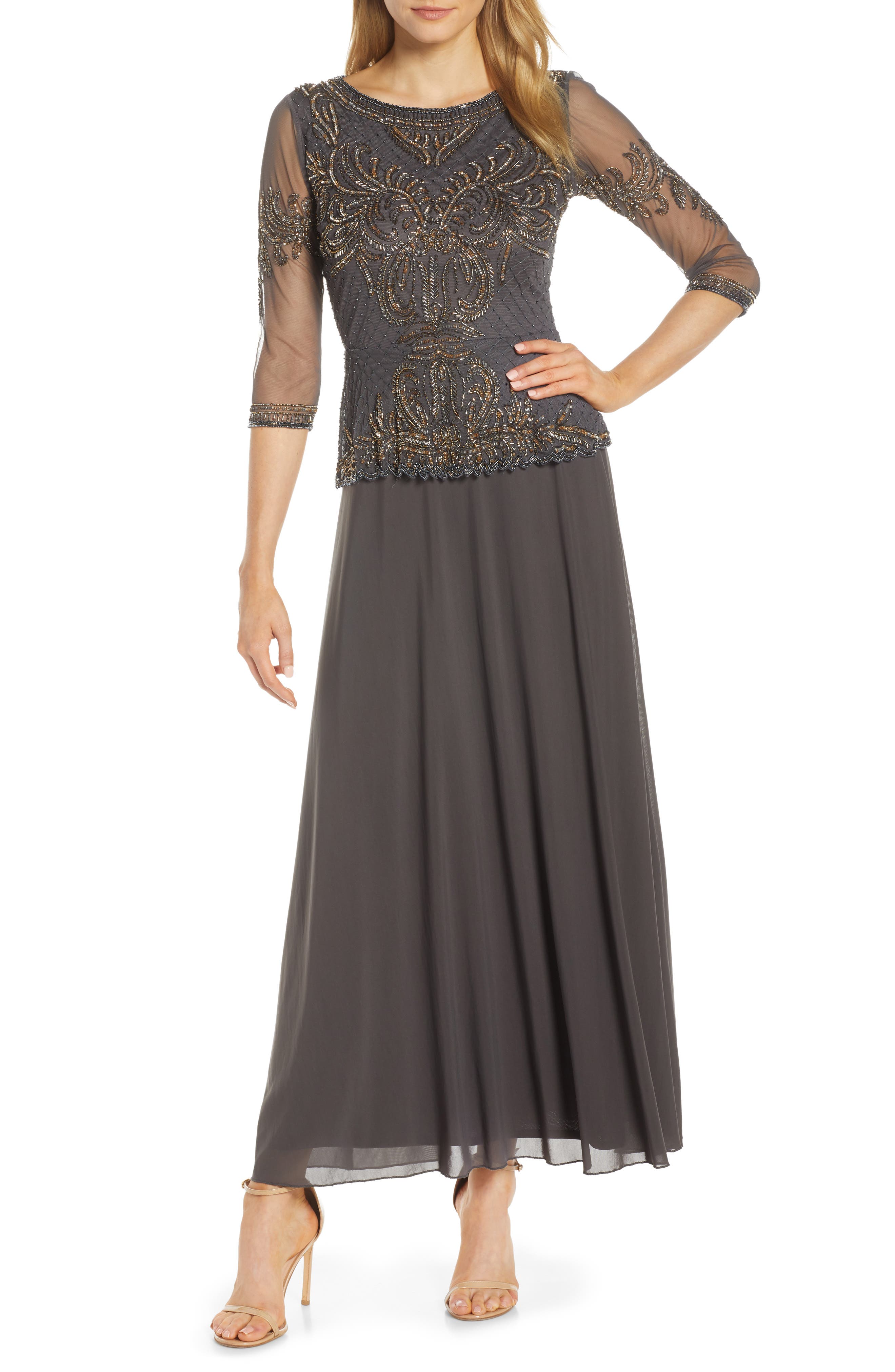 Pisarro Nights Bead Embellished Gown, Grey