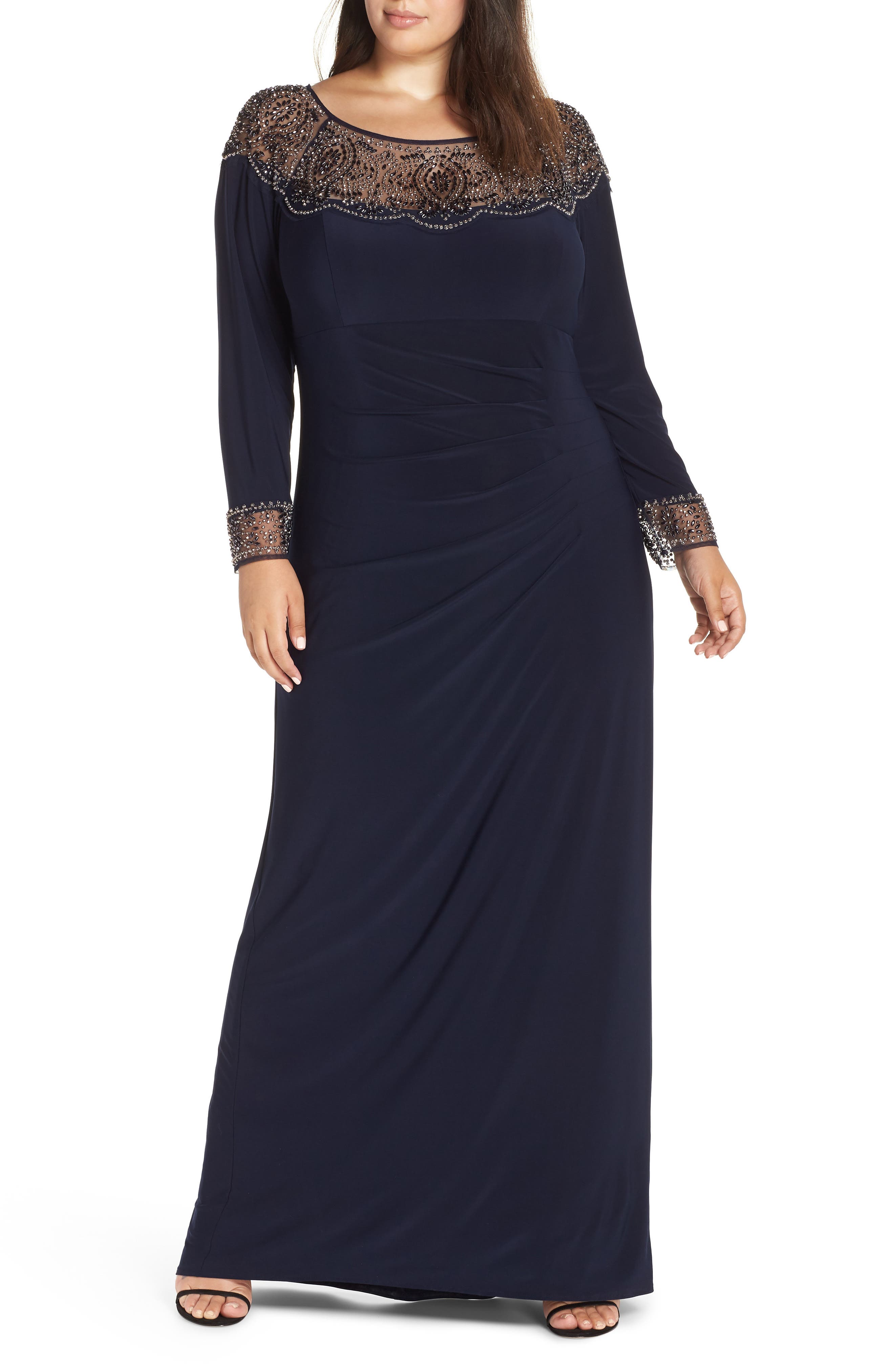 Plus Size Xscape Side Ruched Beaded Gown, Blue