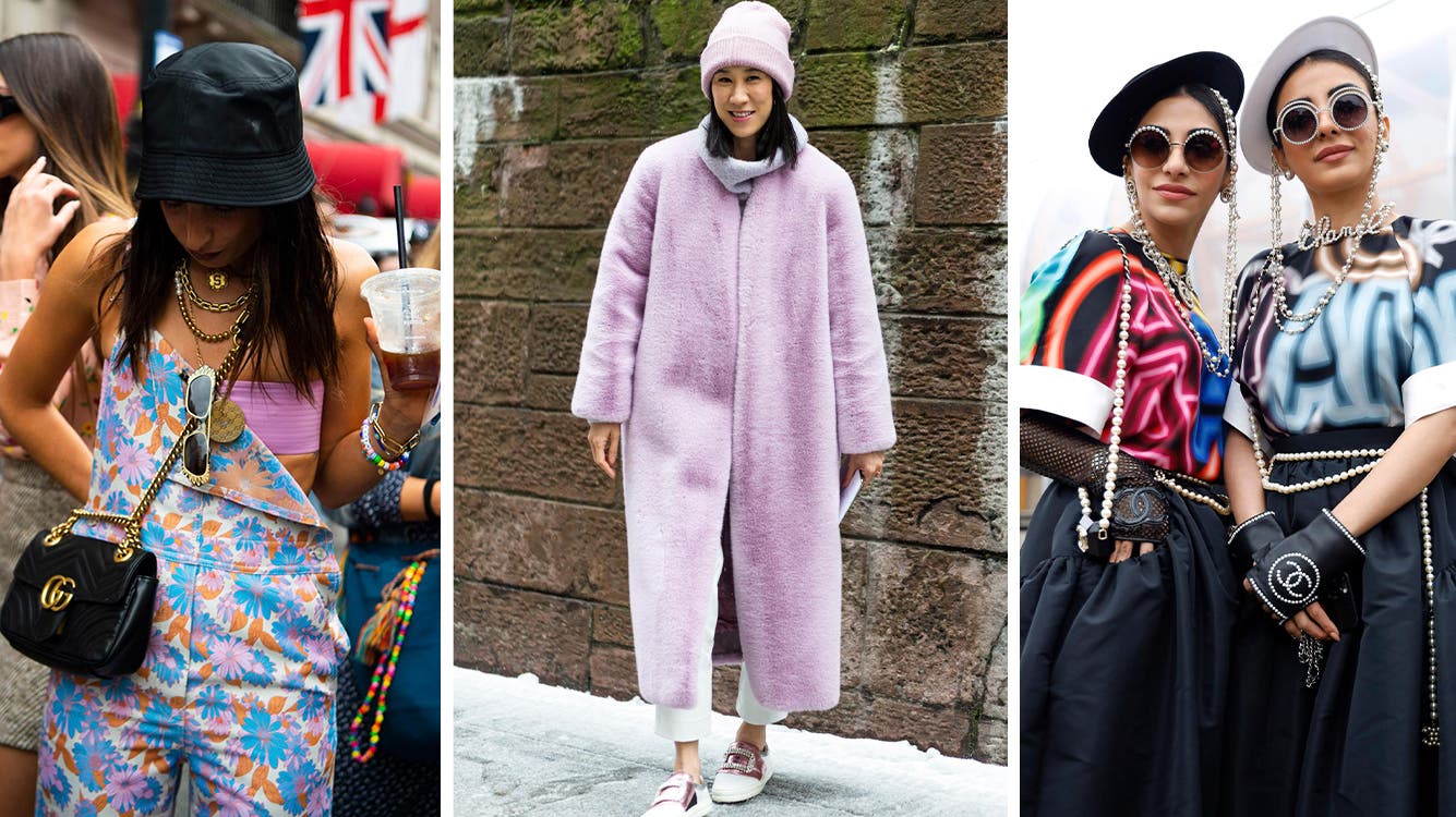 A woman wearing a black bucket hat. A woman wearing a pink beanie. Two women wearing hats with chain details.