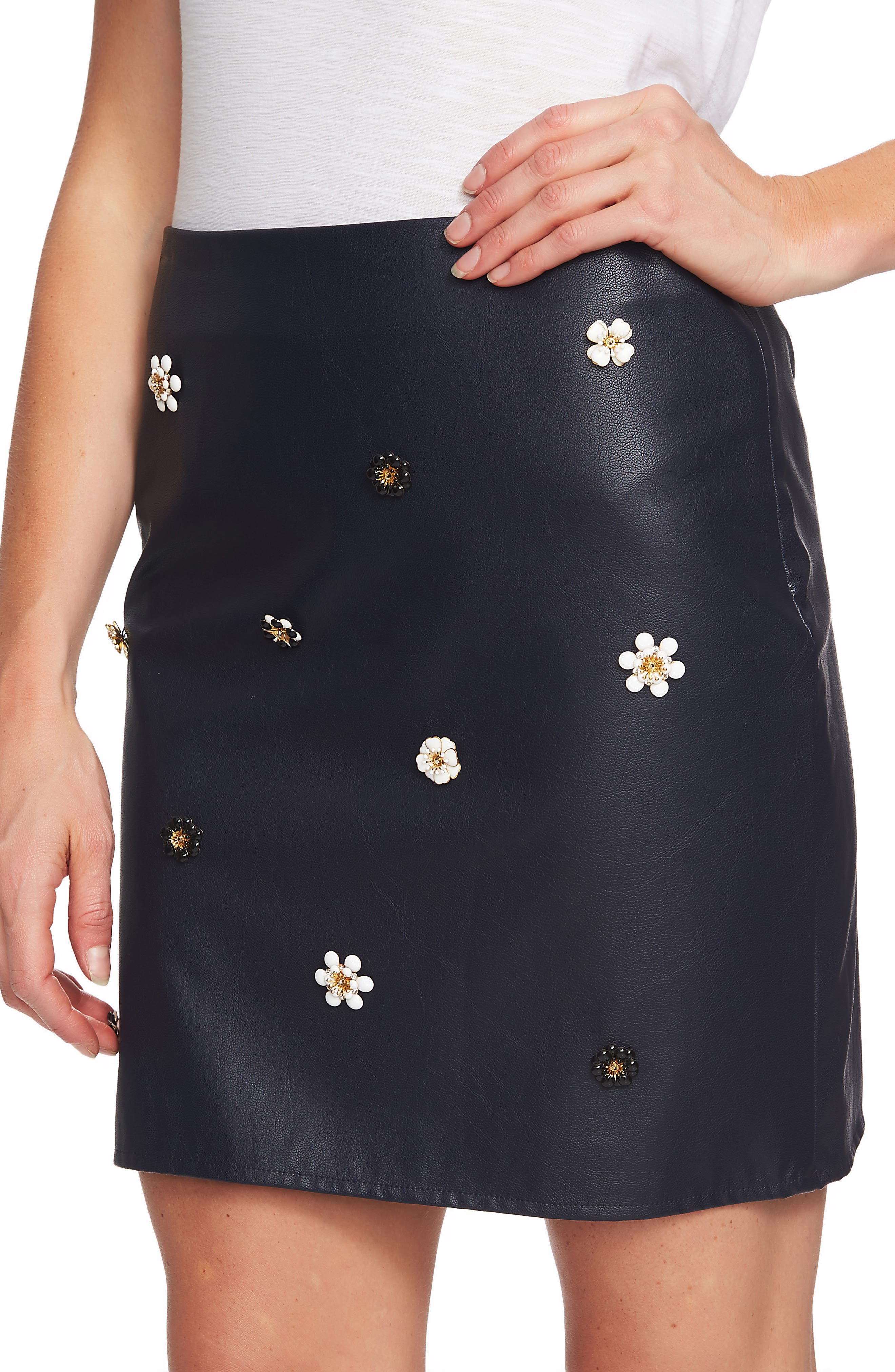 Cece Embellished Faux Leather Miniskirt, Blue